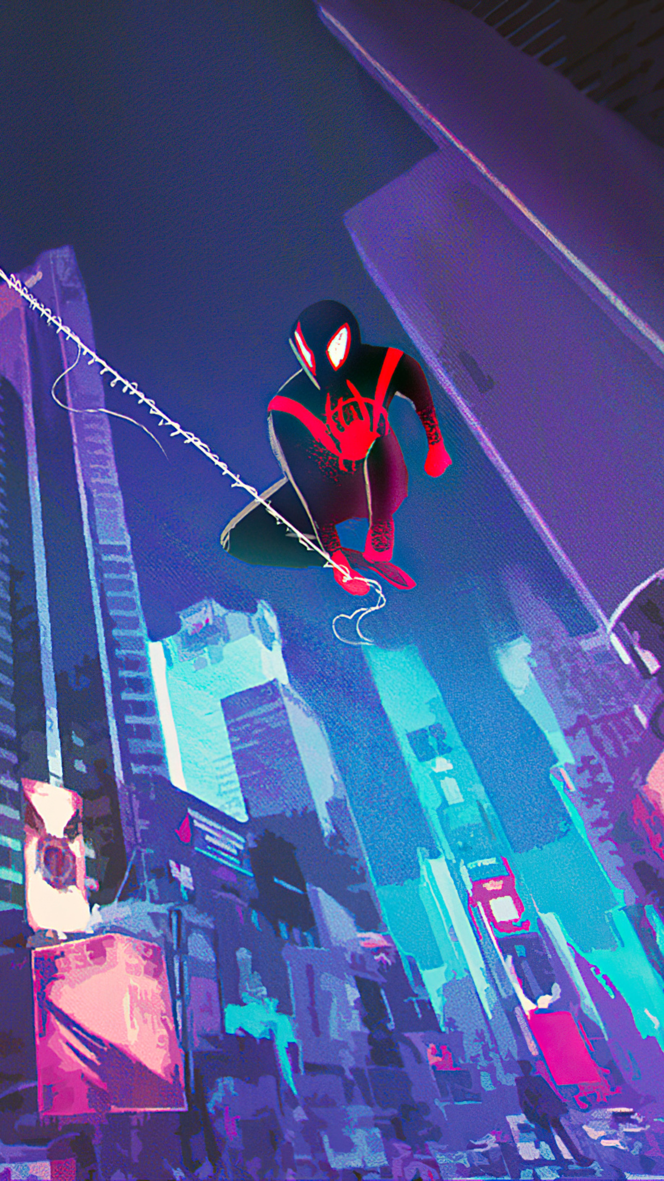 Spider-Man swinging through a neon city HD Phone Wallpaper