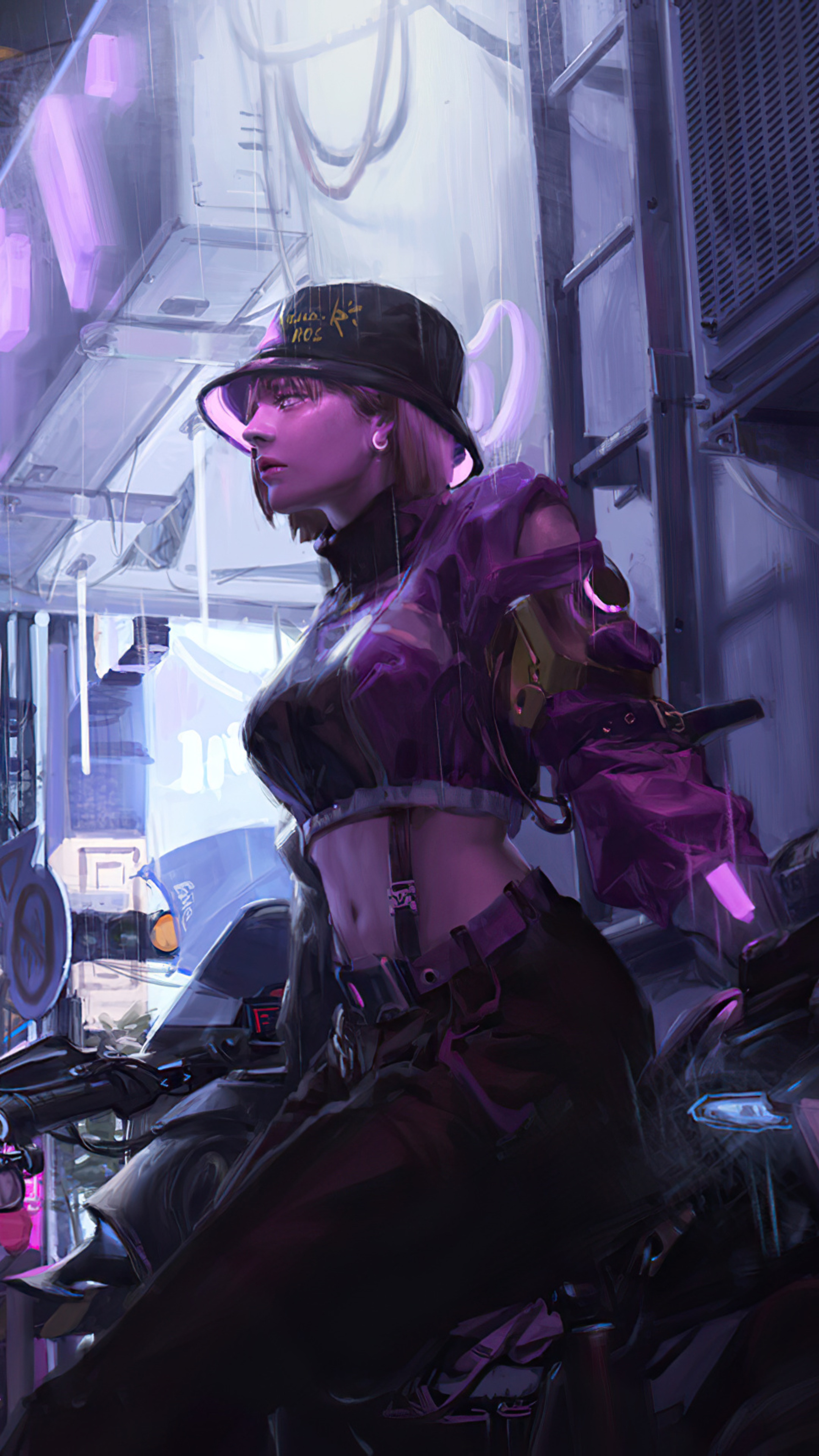 Cyberpunk artwork of a woman in a bucket hat HD Phone Wallpaper