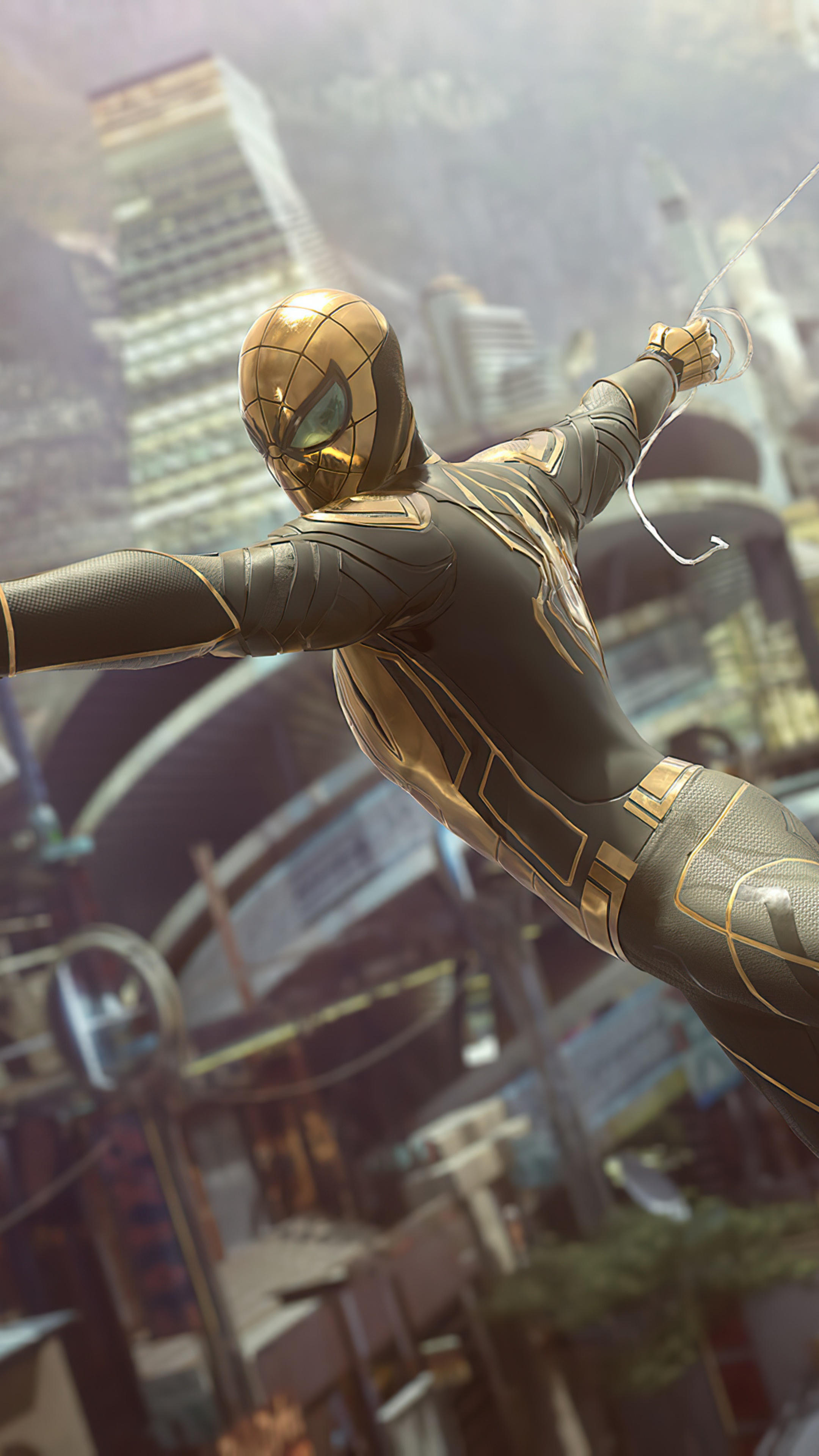 Spider-Man in a black and gold suit swings through a city HD Phone Wallpaper