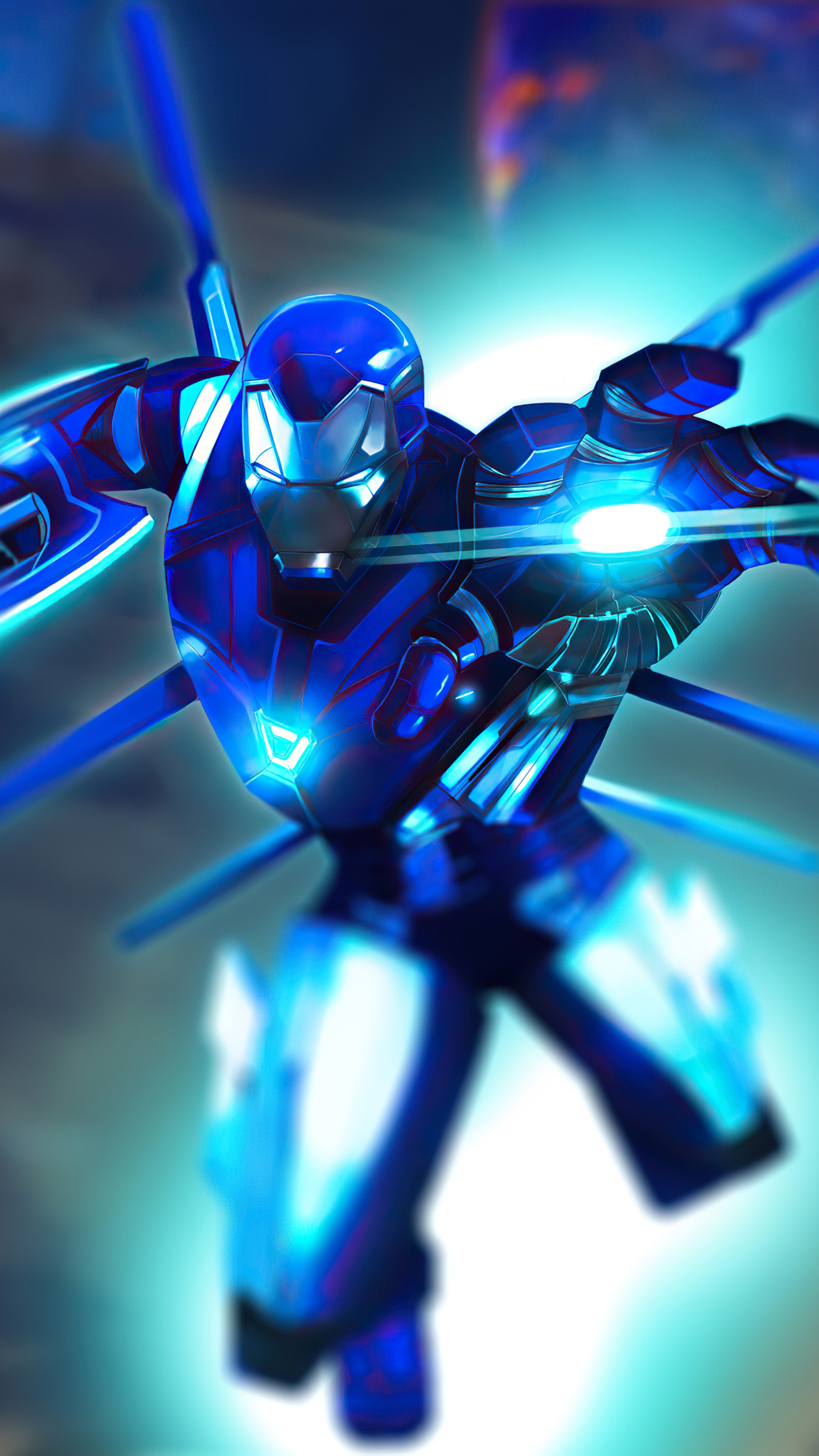 Iron Man in blue armor with glowing accents HD Phone Wallpaper