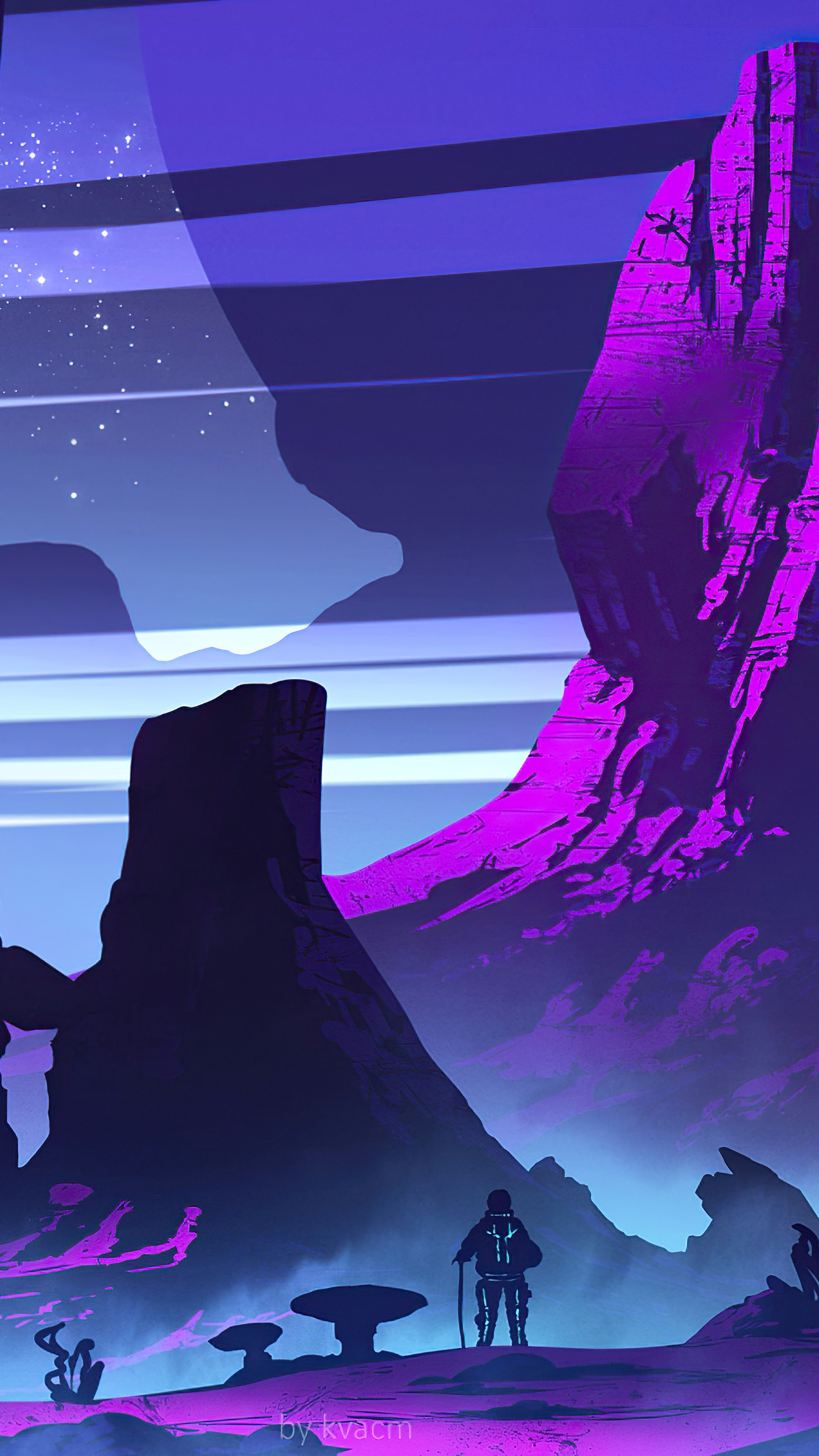 Alien planet landscape with astronaut and rings HD Phone Wallpaper