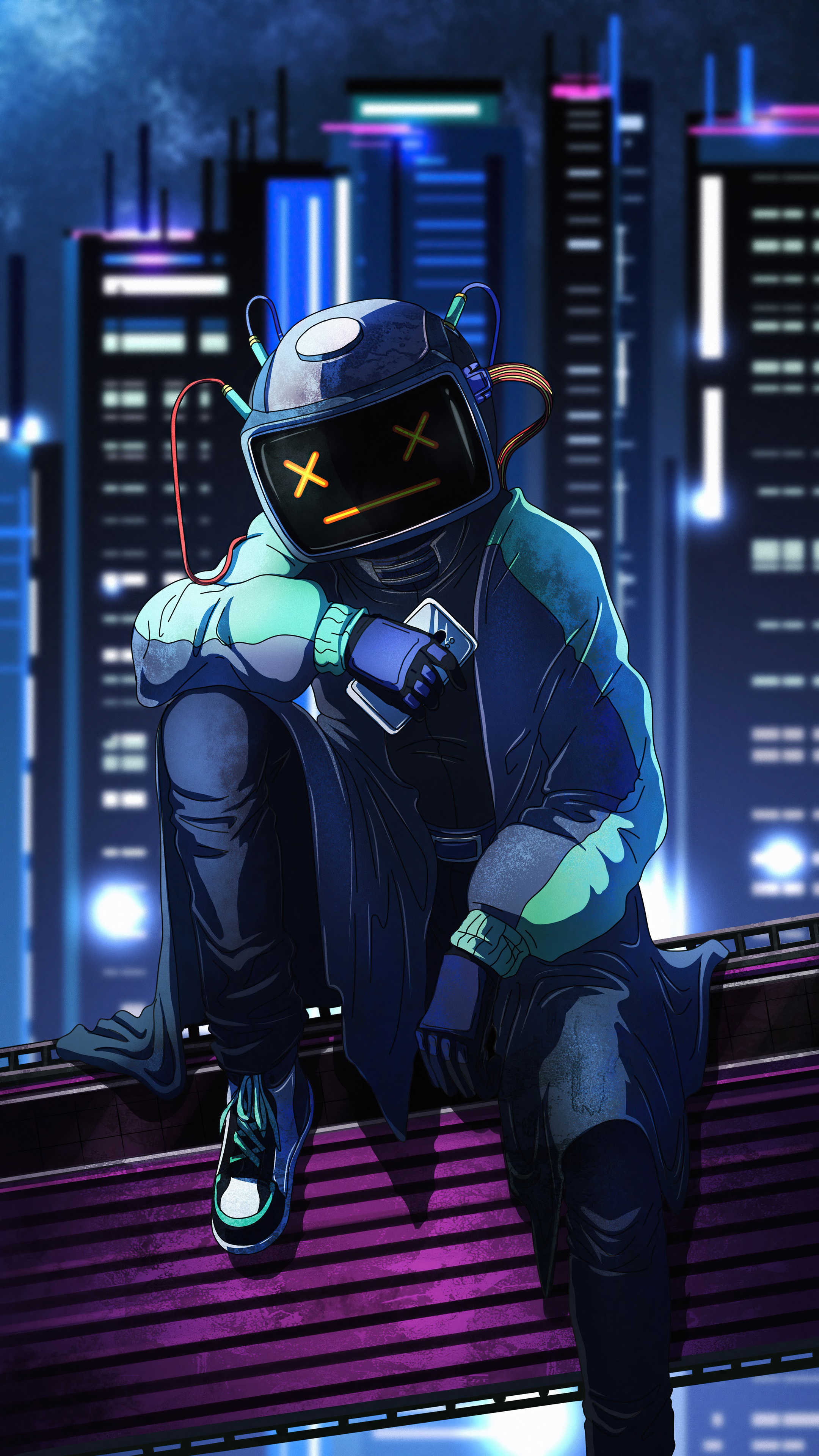 Robot with screen for a face sitting on a rooftop HD Phone Wallpaper