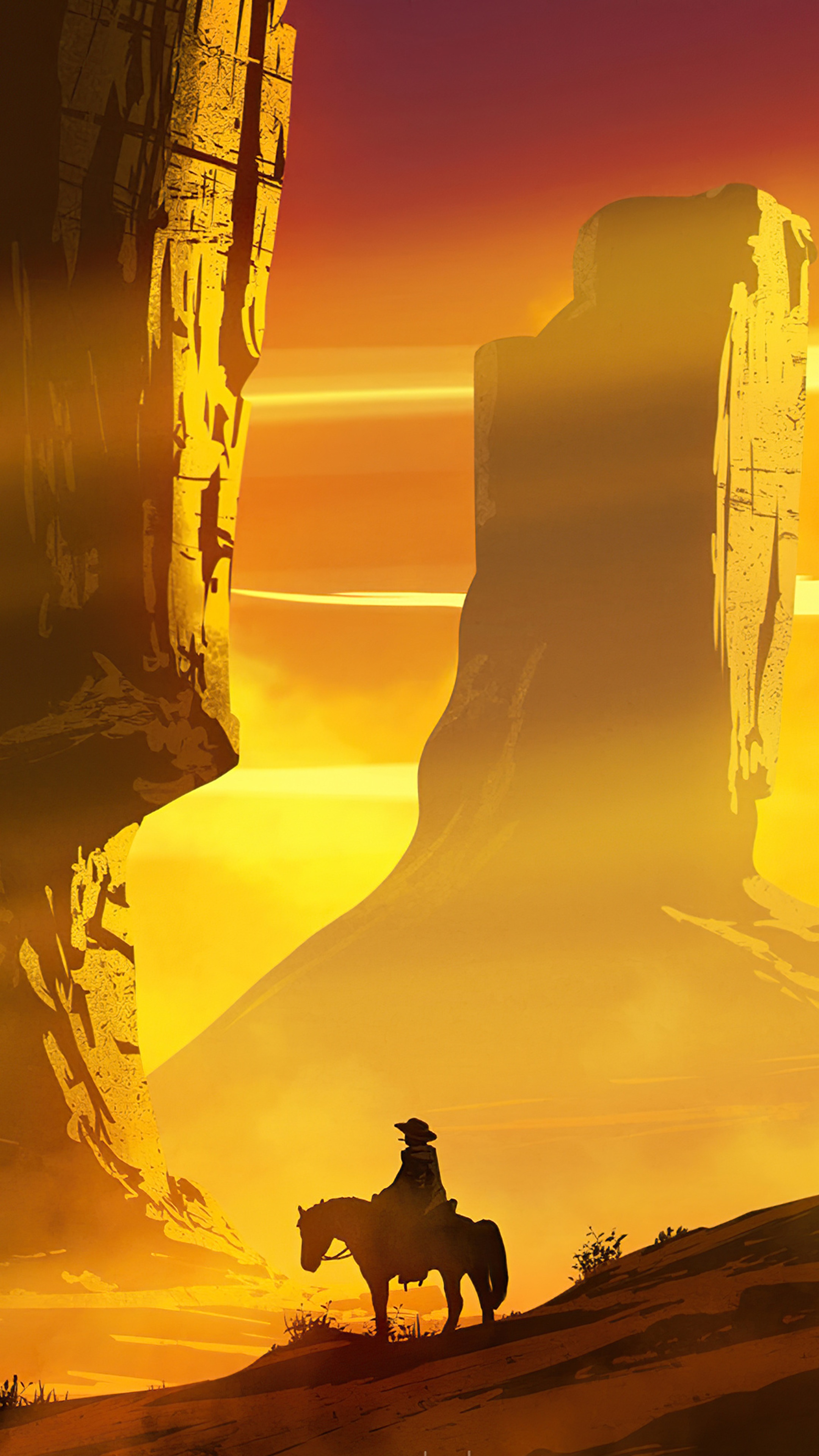 Cowboy on horseback in a canyon at sunset HD Phone Wallpaper