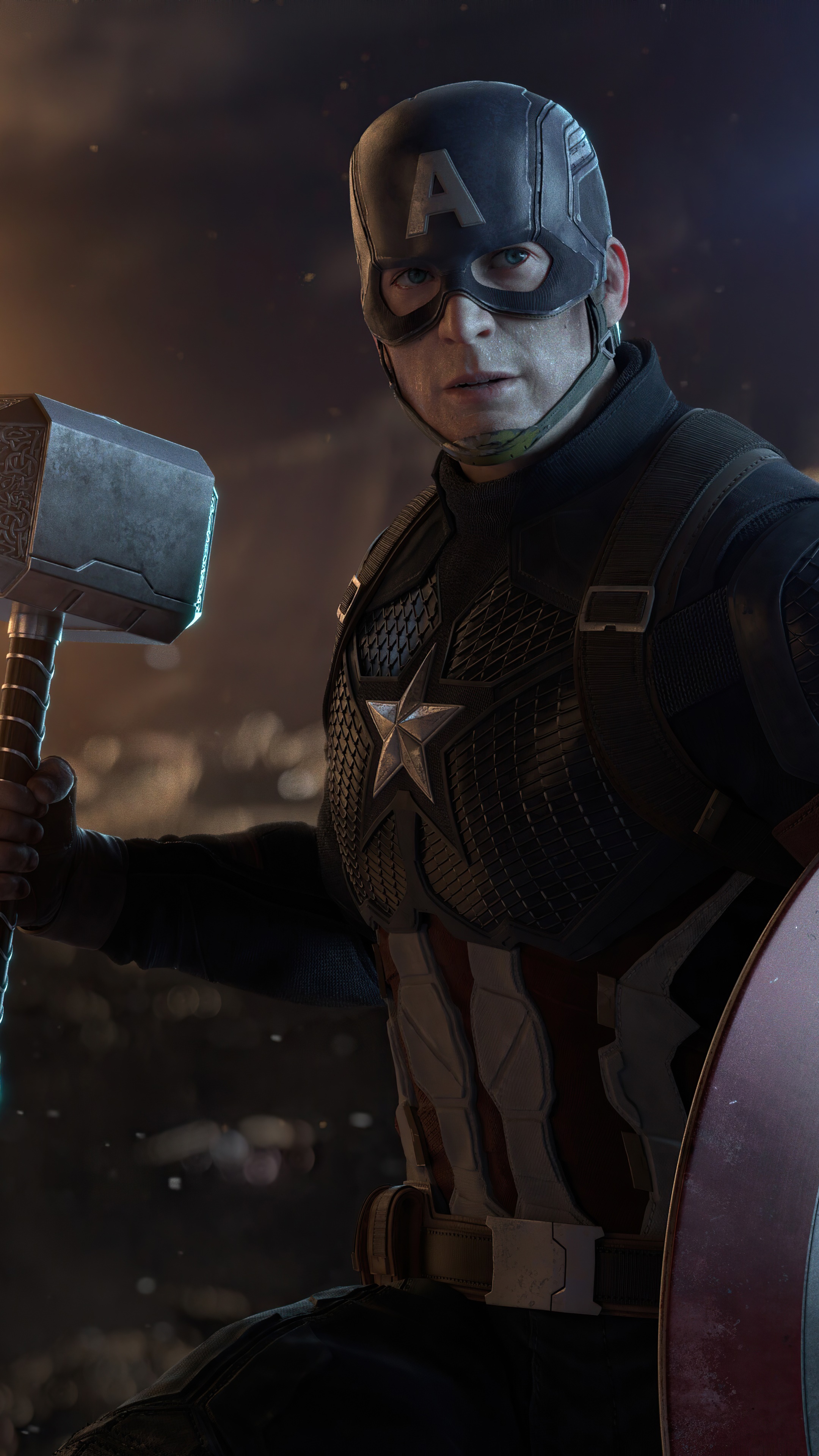 Captain America holding Mjolnir and shield HD Phone Wallpaper