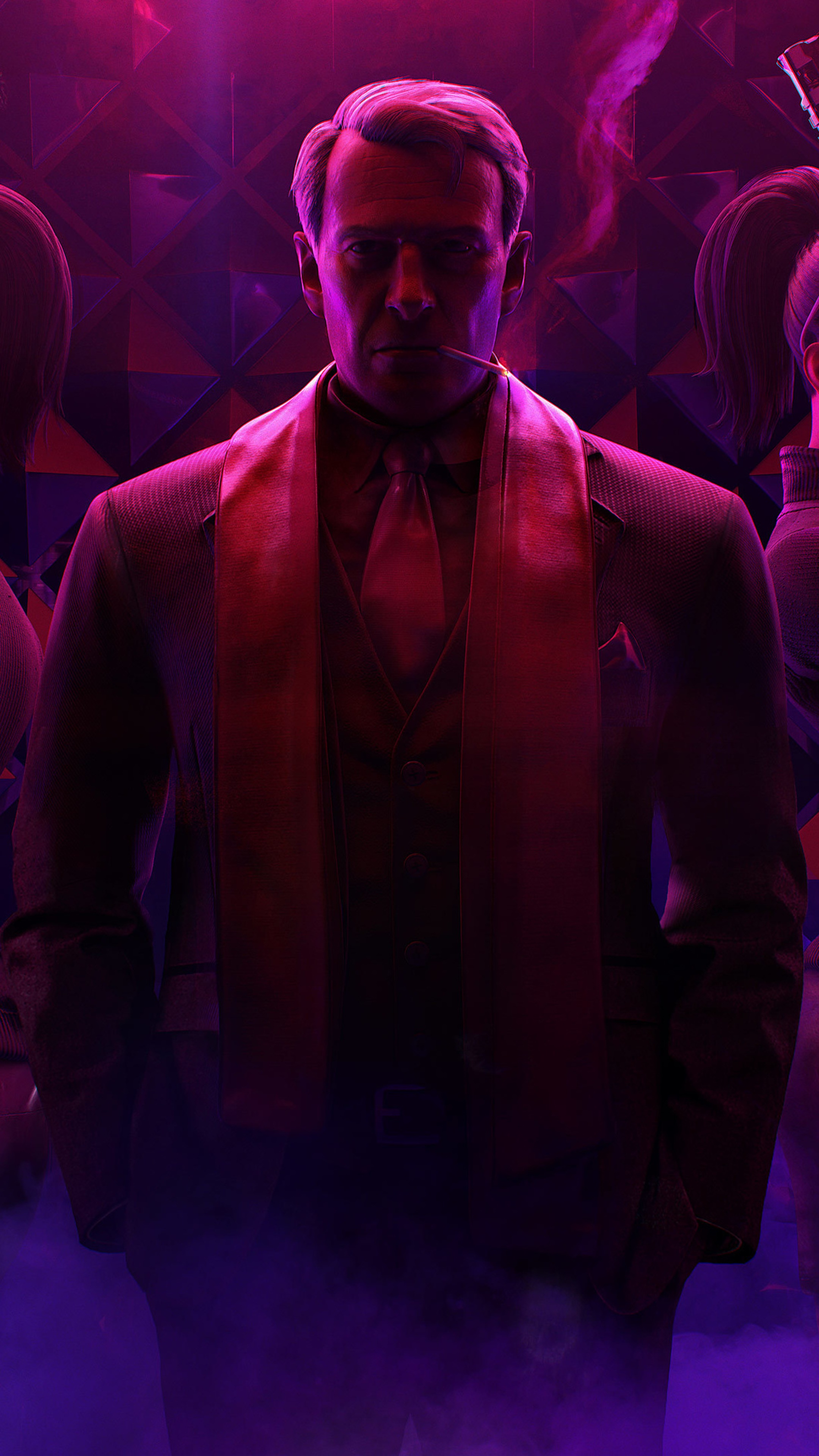 Man in suit with scarf in front of purple geometric background HD Phone Wallpaper