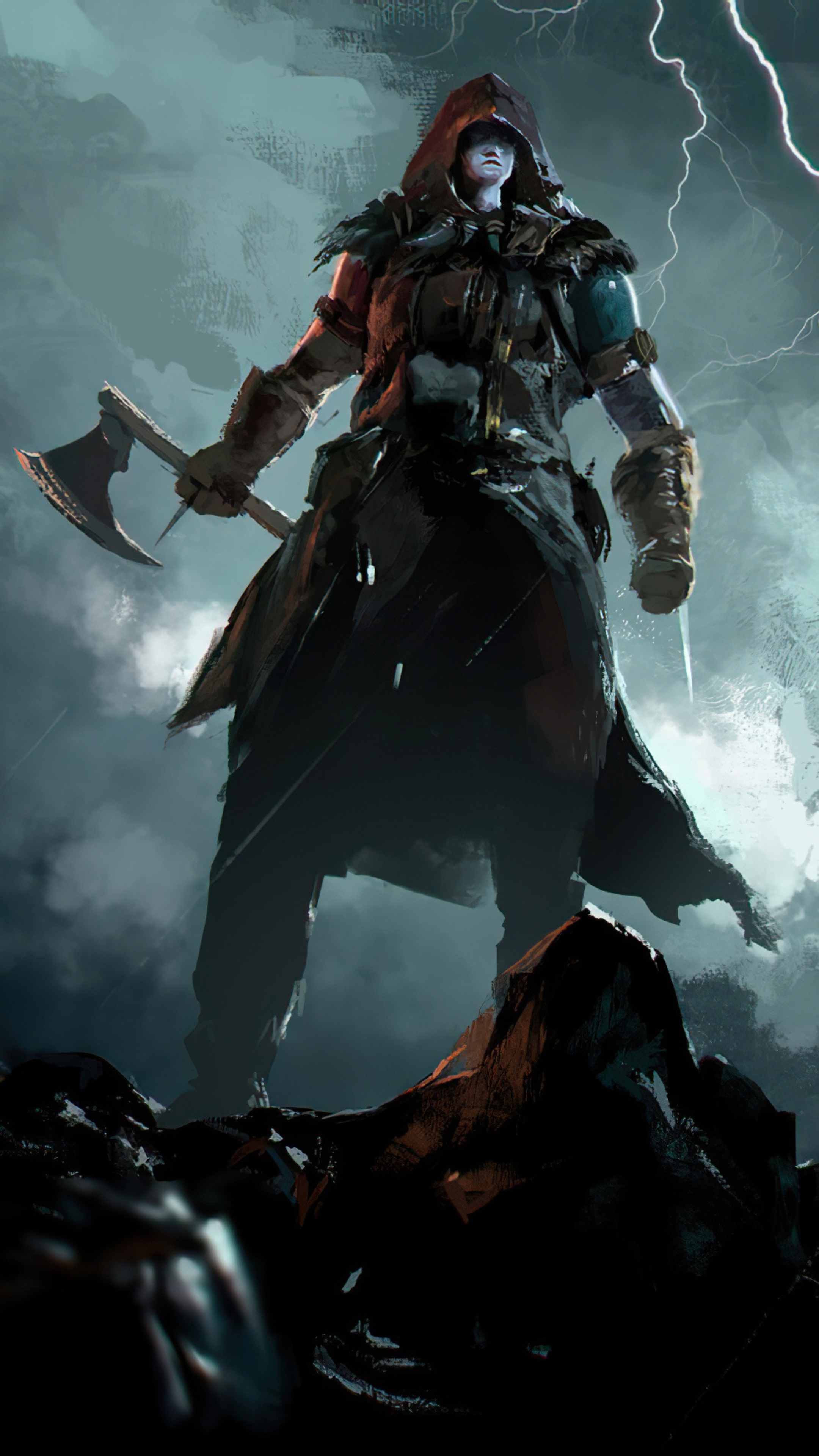 Warrior with Axe and Knife in Storm HD Phone Wallpaper