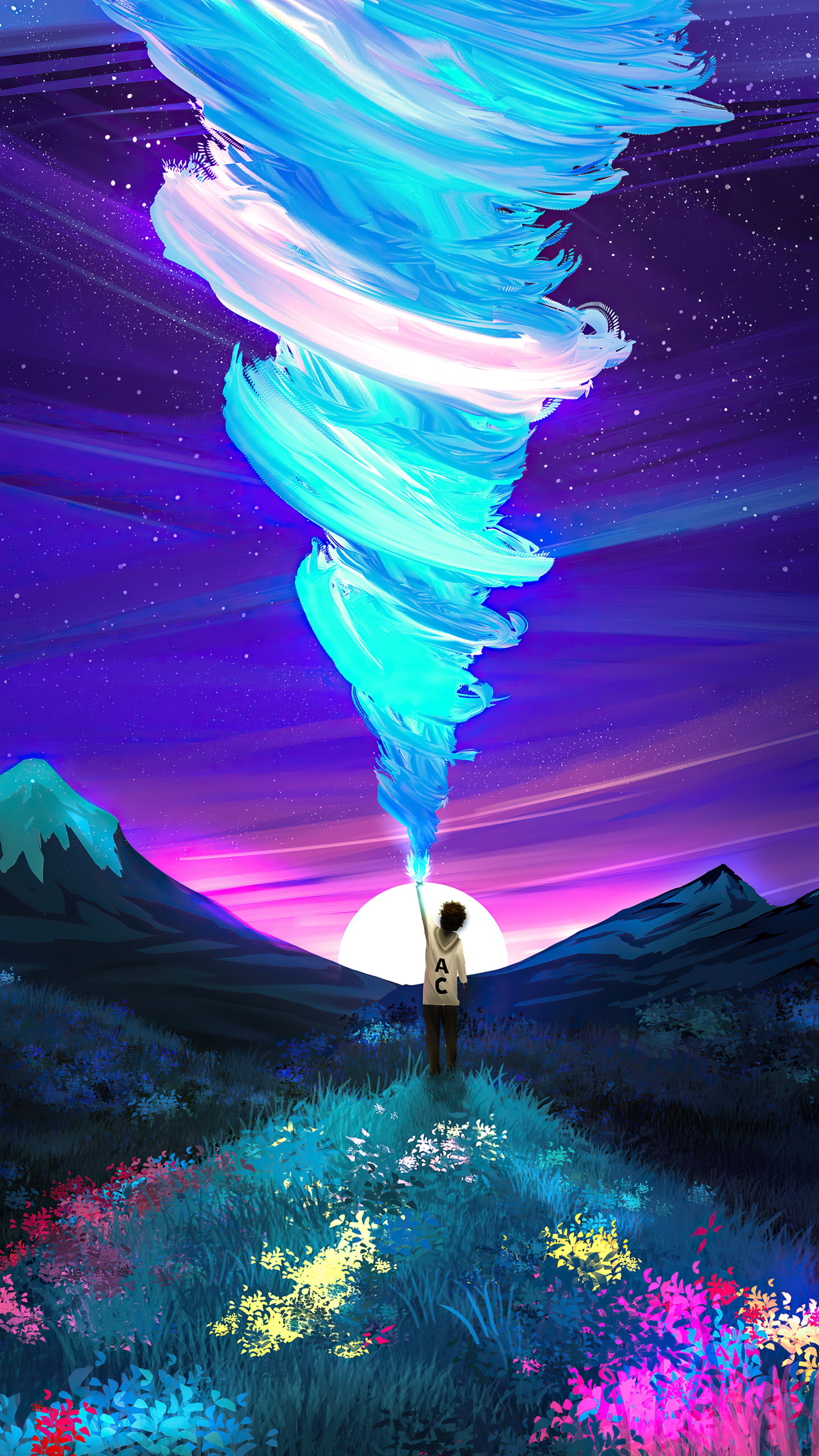 Digital Art of a Person Creating a Swirling Sky HD Phone Wallpaper