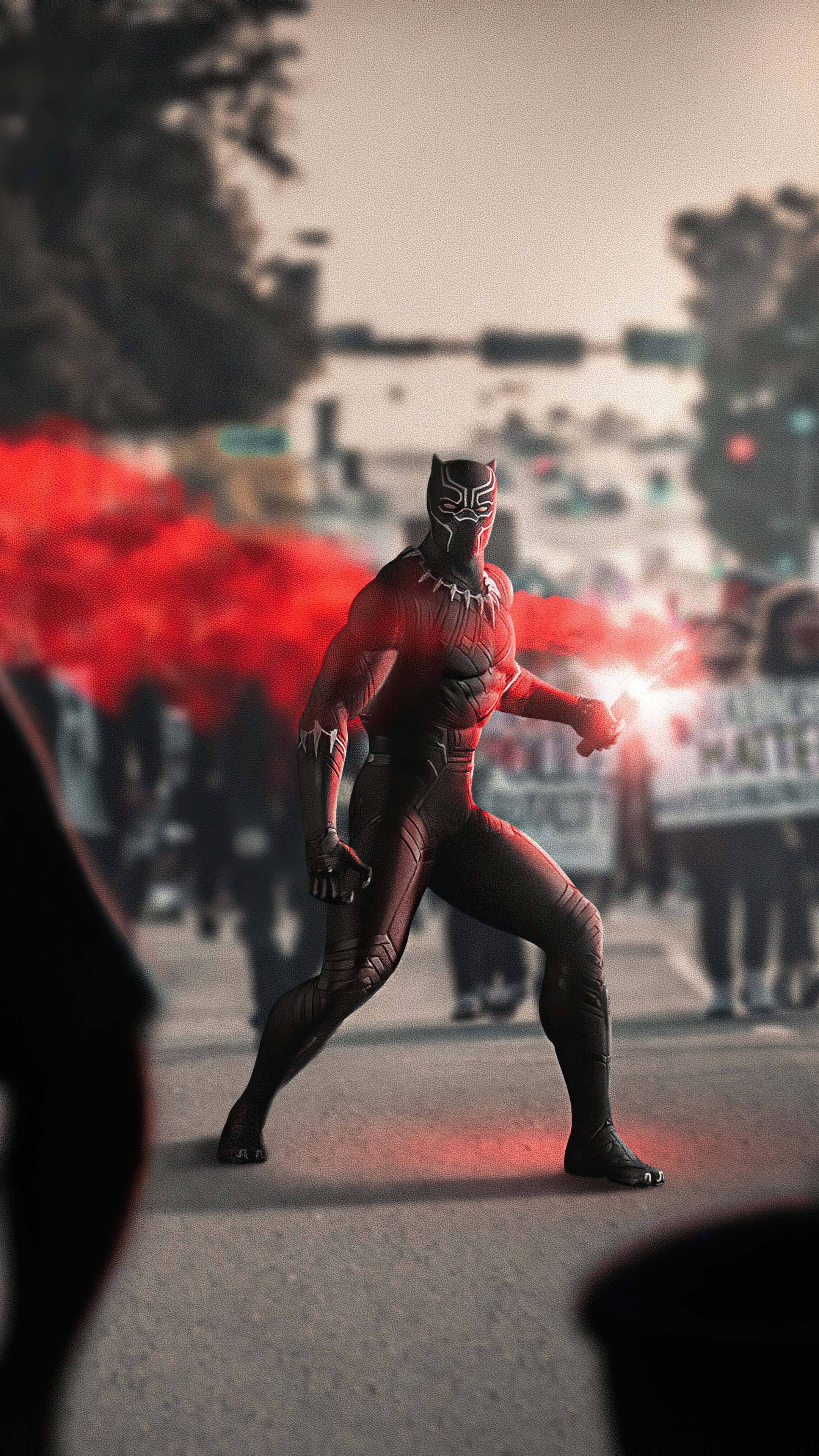Black Panther with red smoke in a protest HD Phone Wallpaper