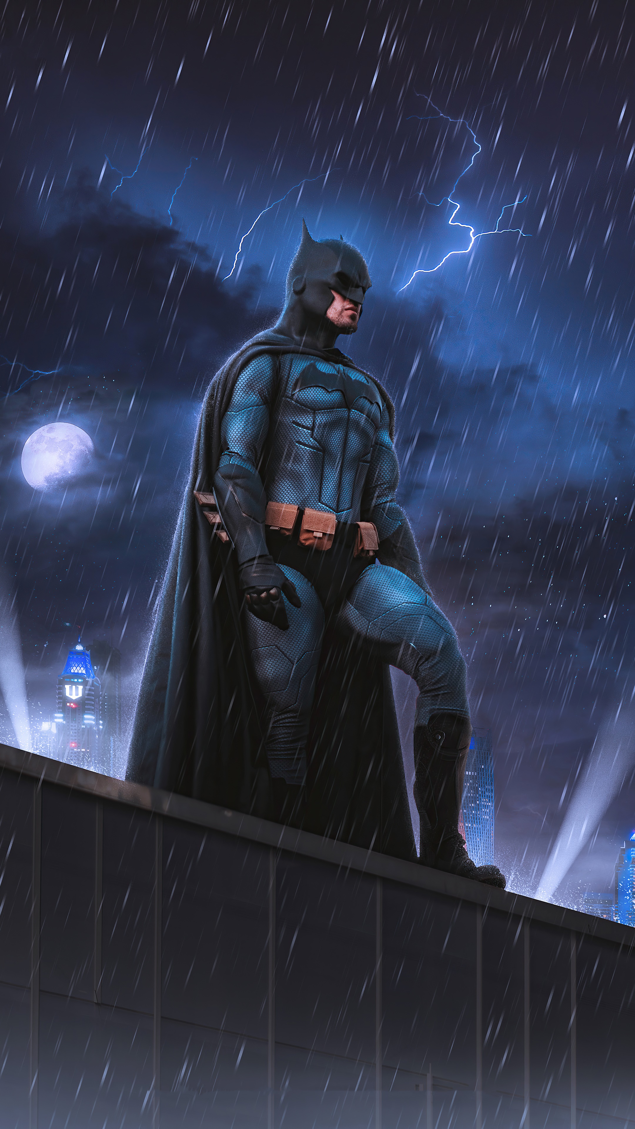 Batman on a rooftop in the rain HD Phone Wallpaper