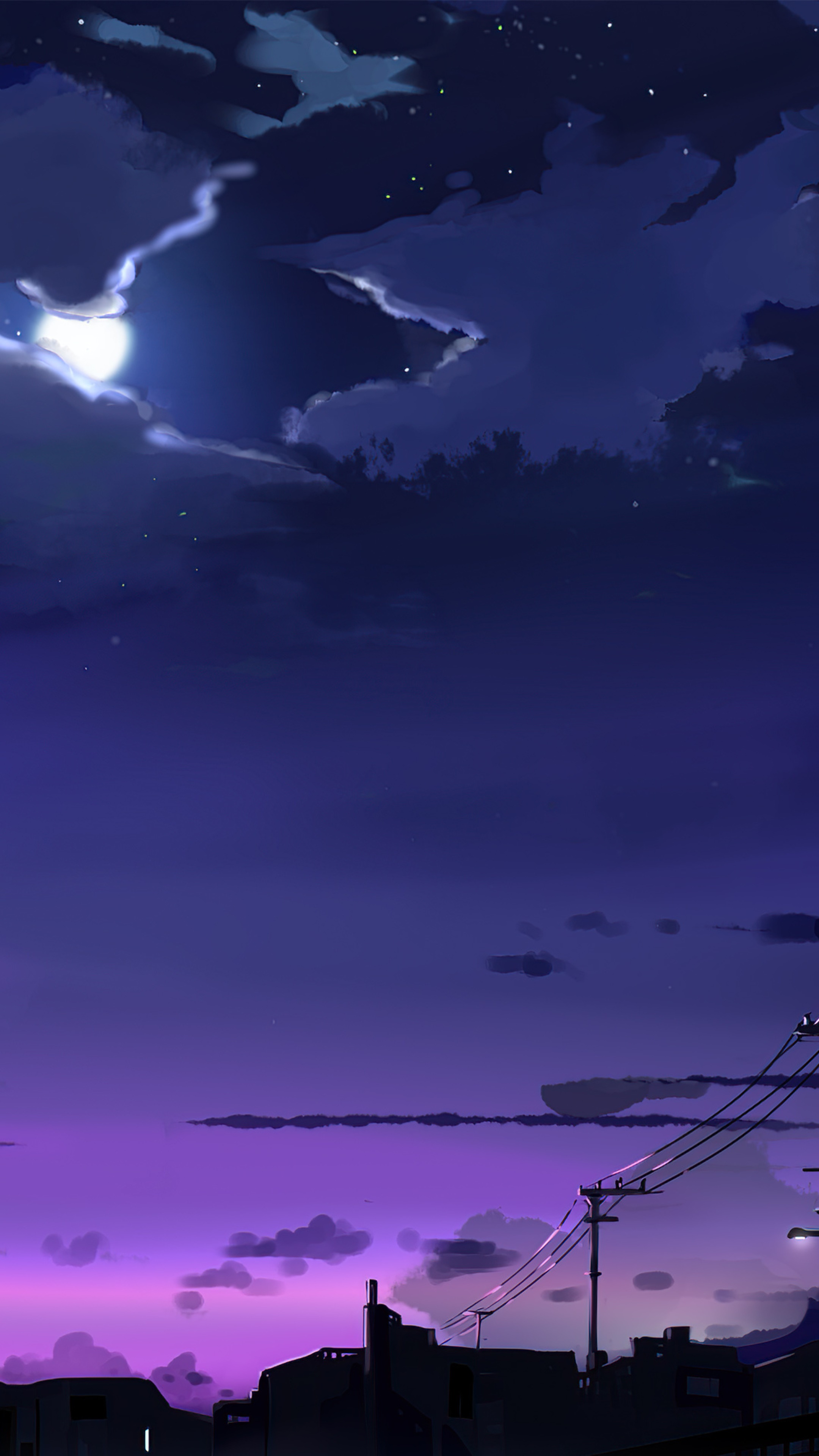Anime night sky over city skyline with moon HD Phone Wallpaper