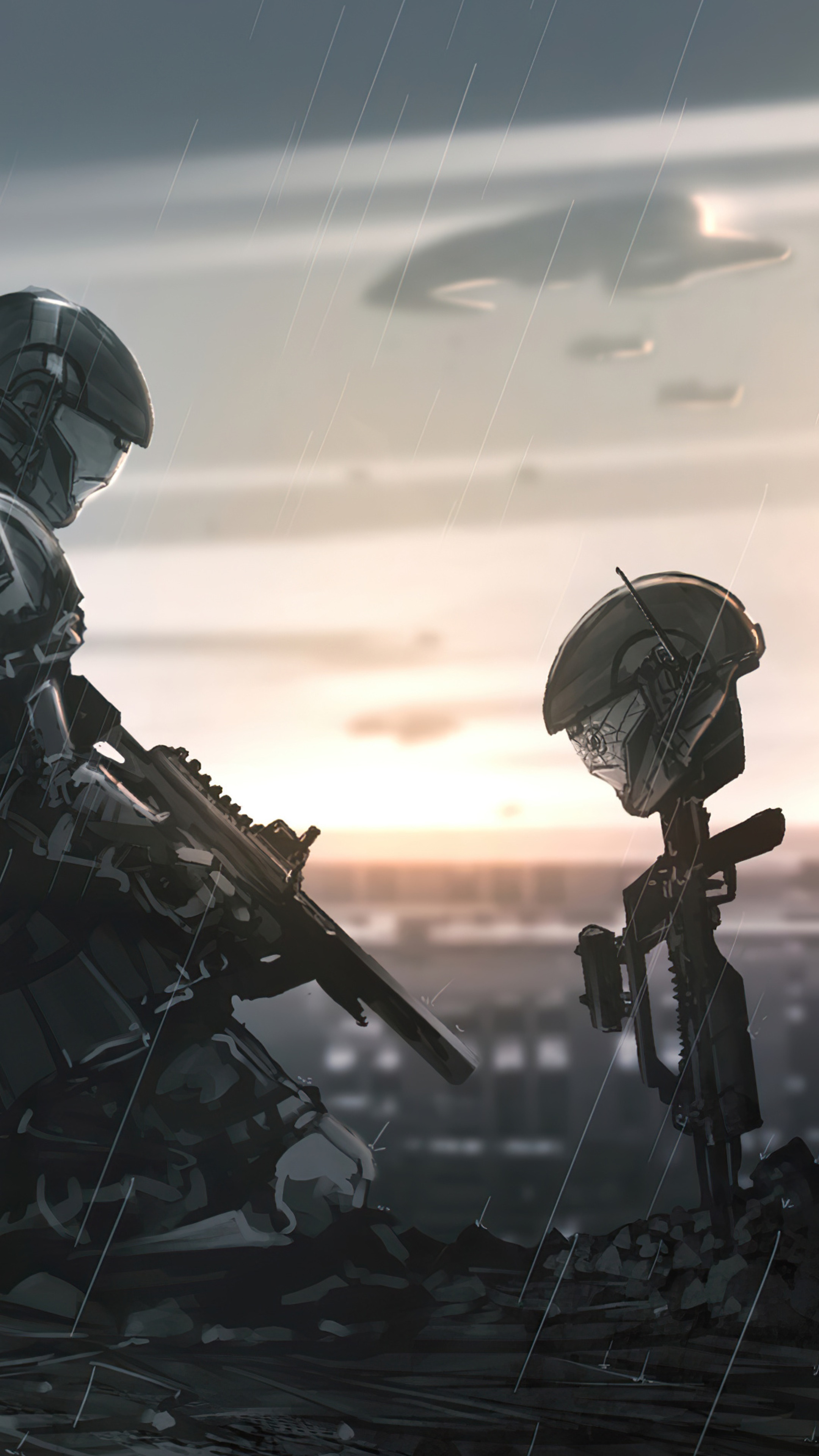 Soldiers in armor with rifles in the rain HD Phone Wallpaper