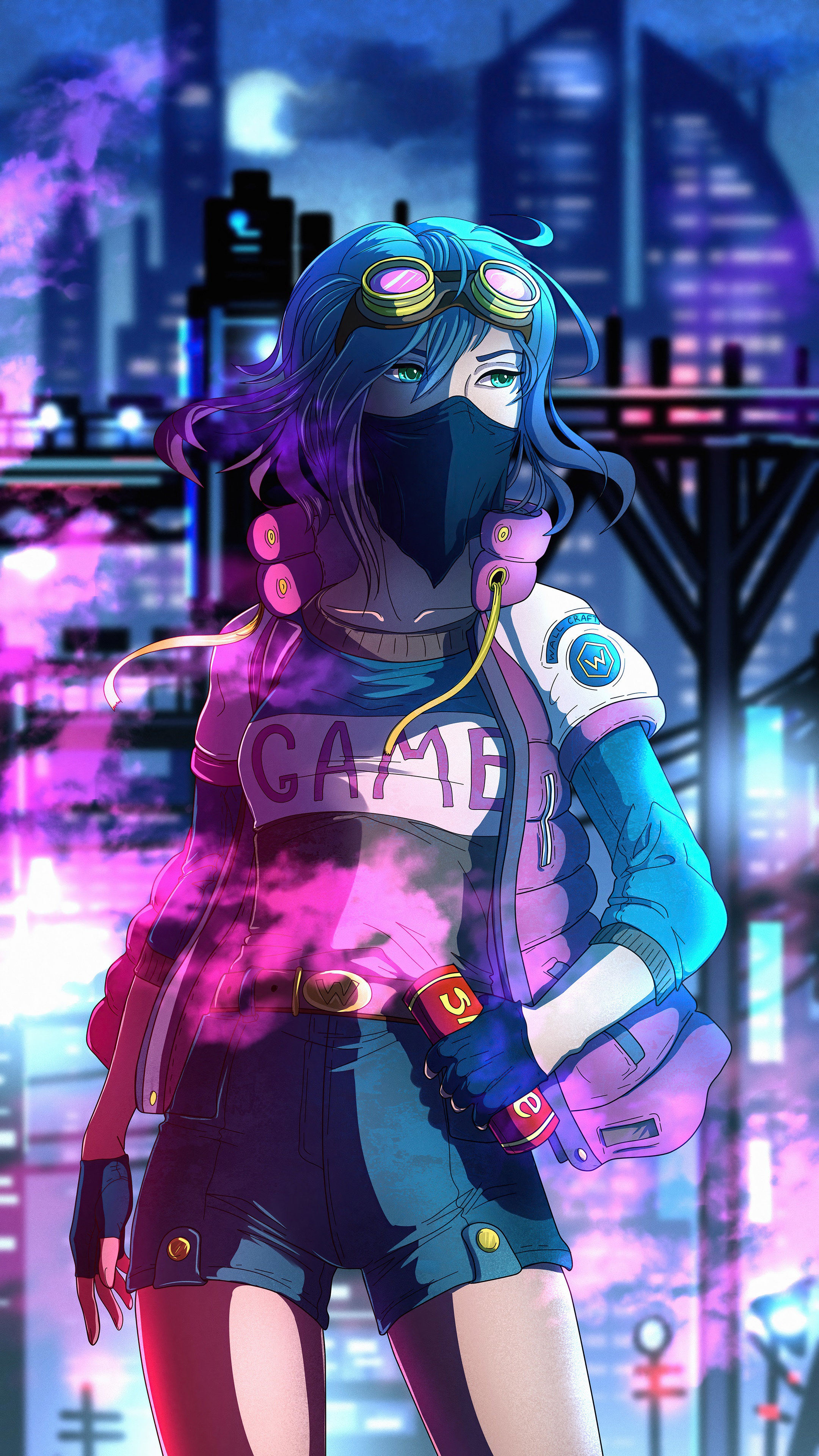 Anime girl with mask and goggles in neon city HD Phone Wallpaper