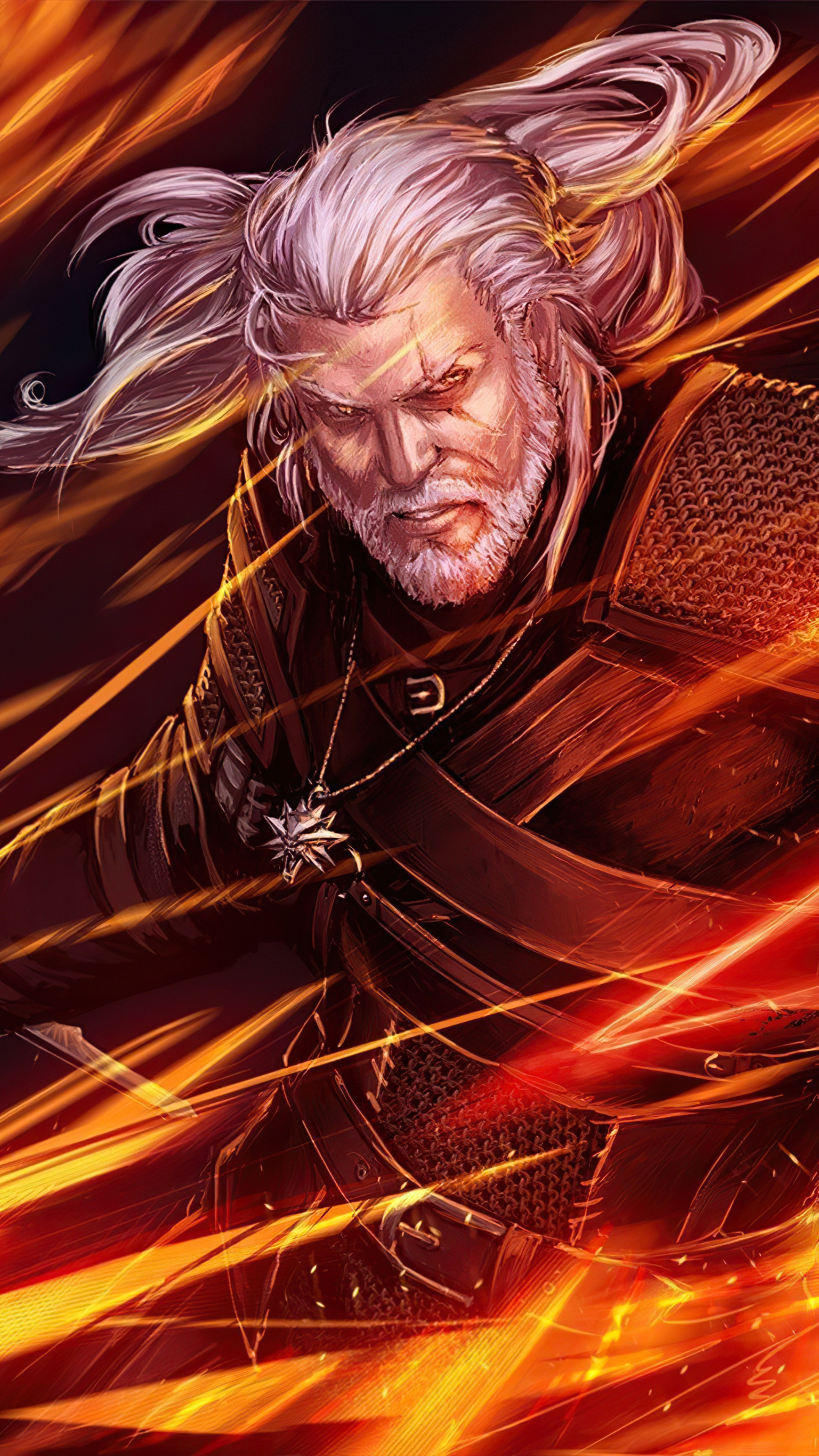 Geralt of Rivia from The Witcher 3 in flames HD Phone Wallpaper