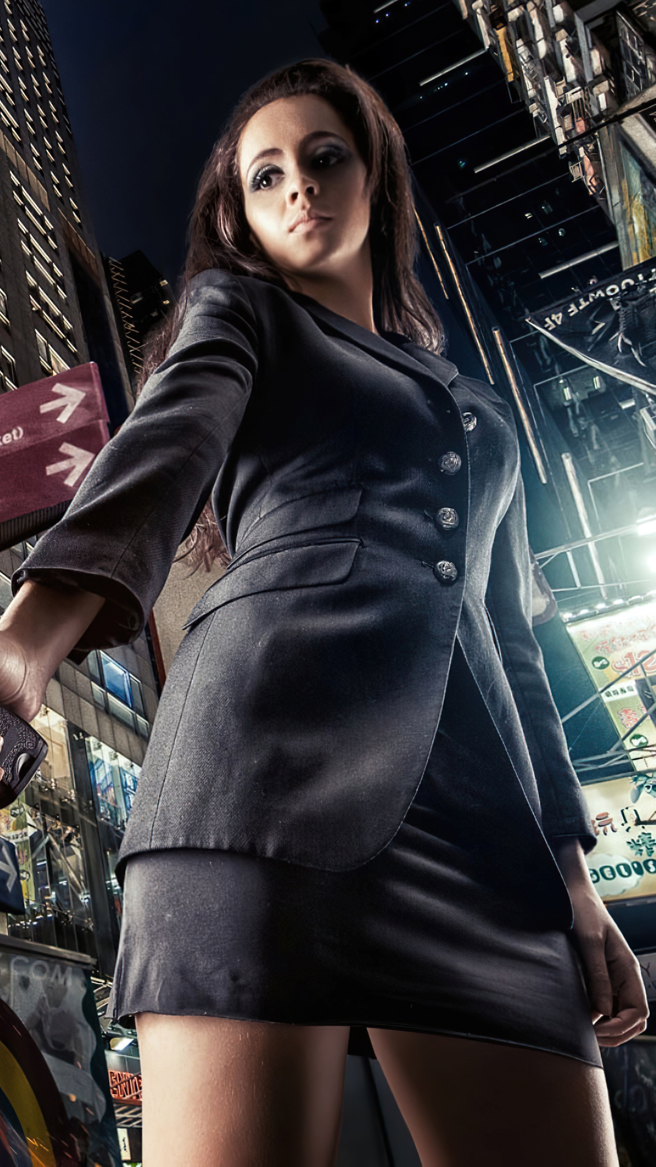 Woman in a suit in a city at night HD Phone Wallpaper