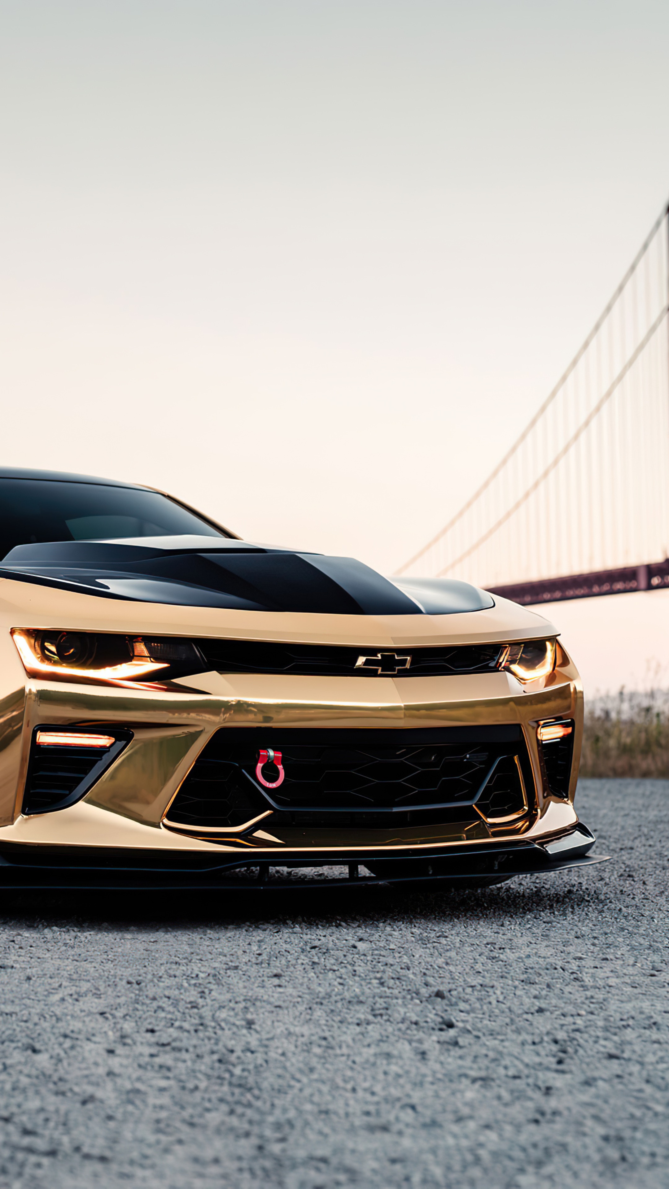 Gold Chevrolet Camaro with Golden Gate Bridge HD Phone Wallpaper