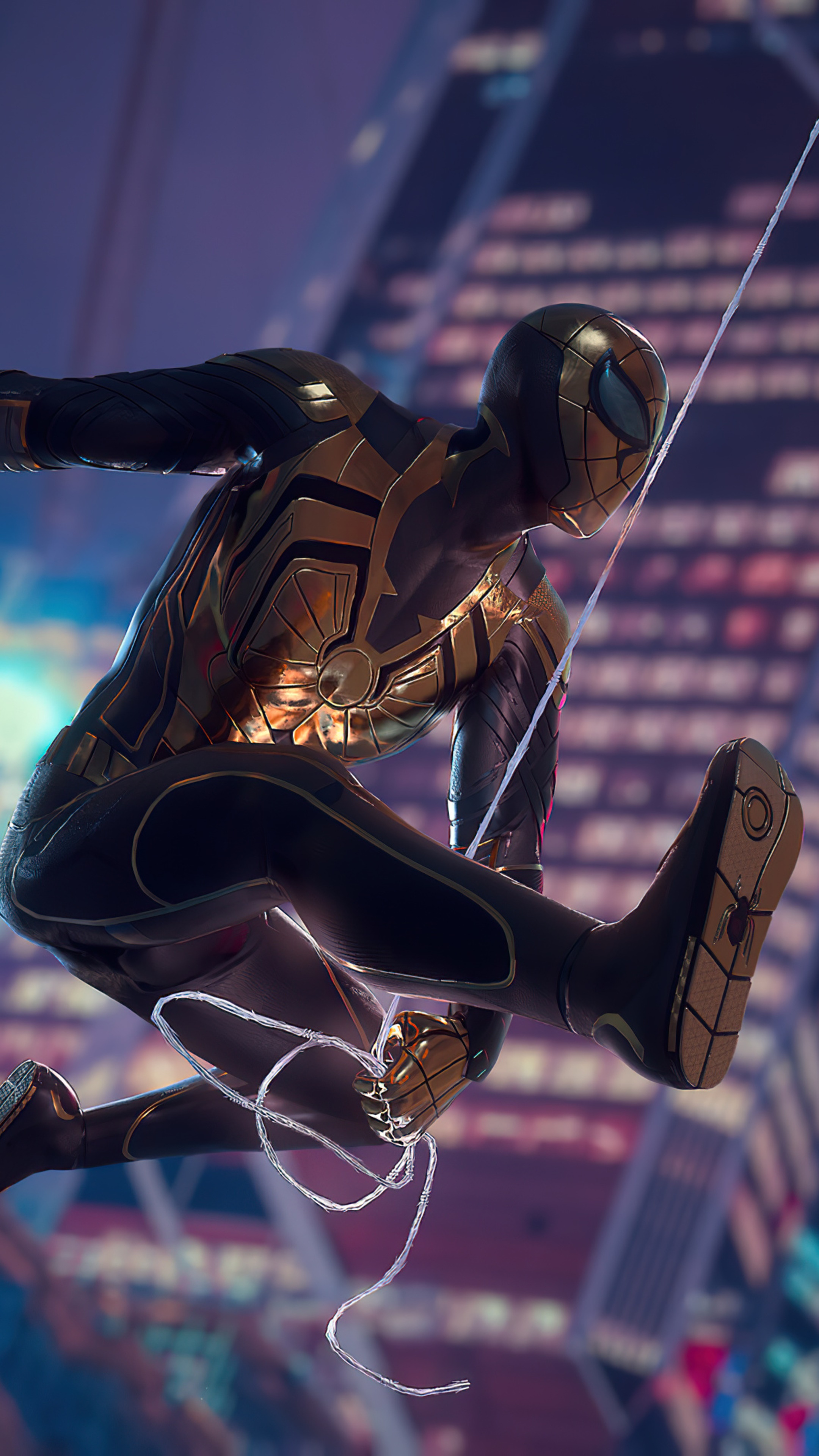 Spider-Man in a black and gold suit swings through a city HD Phone Wallpaper