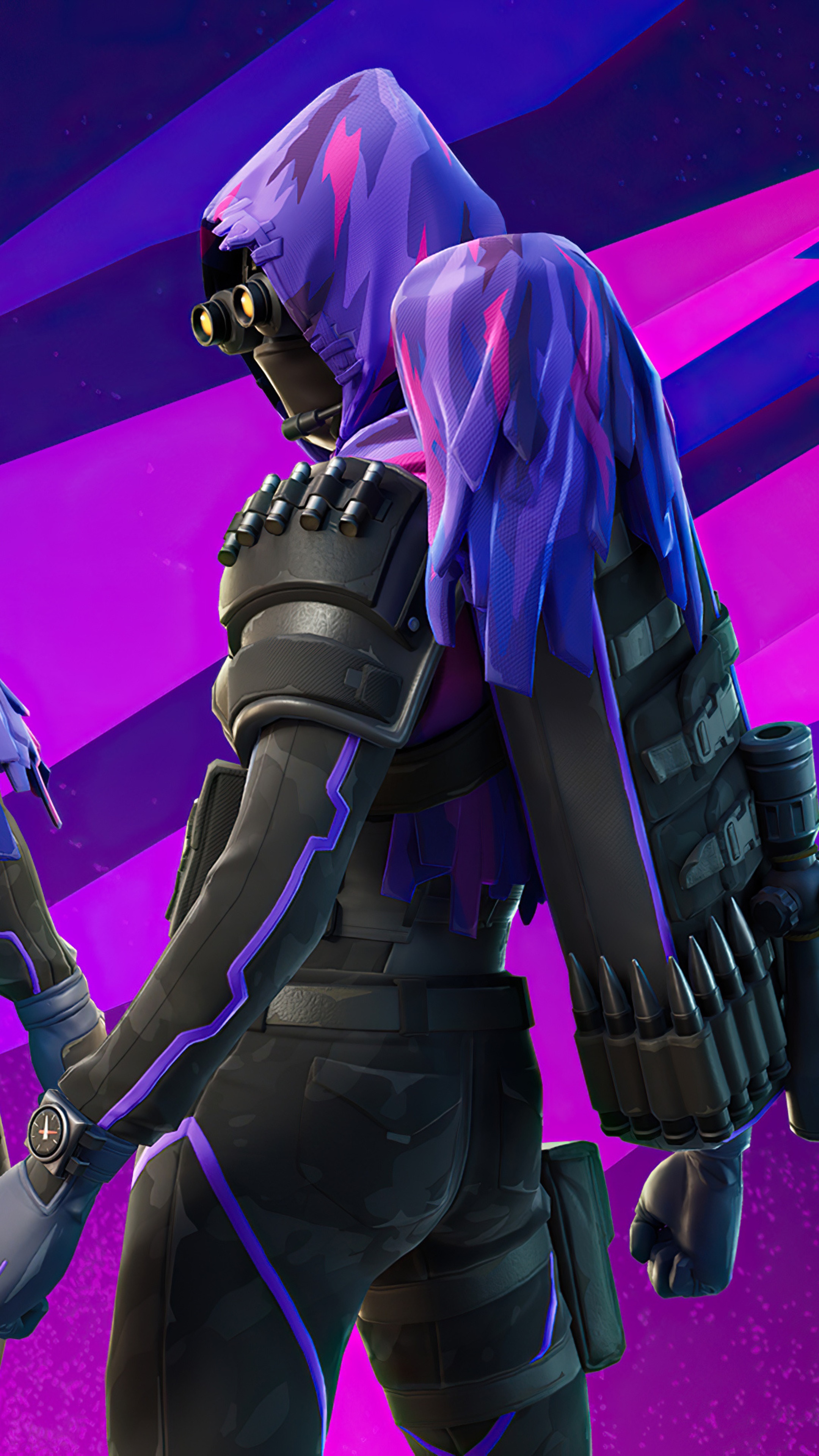 Fortnite character with purple hood and goggles HD Phone Wallpaper