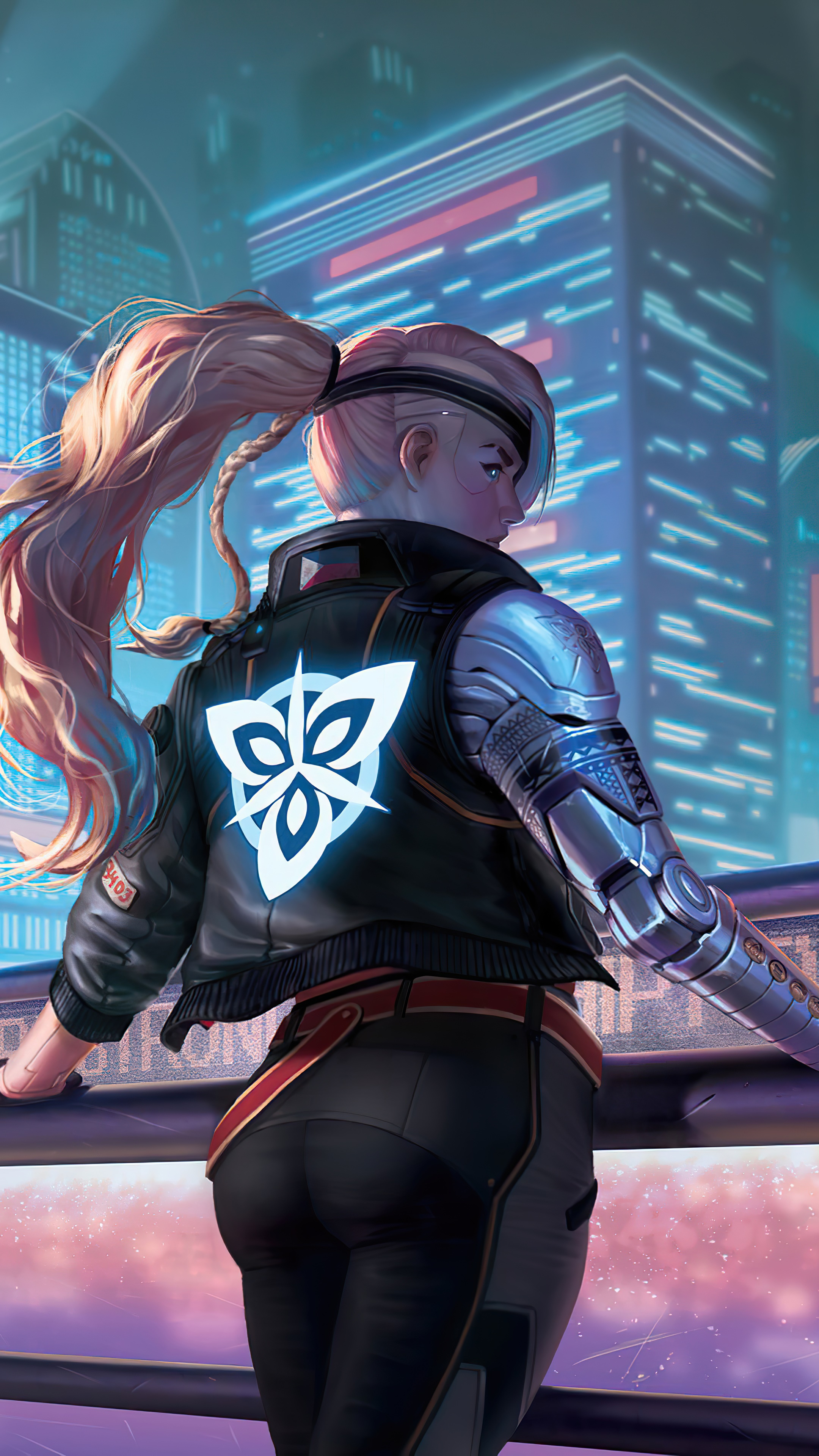 Cyberpunk girl with robotic arm in neon city HD Phone Wallpaper