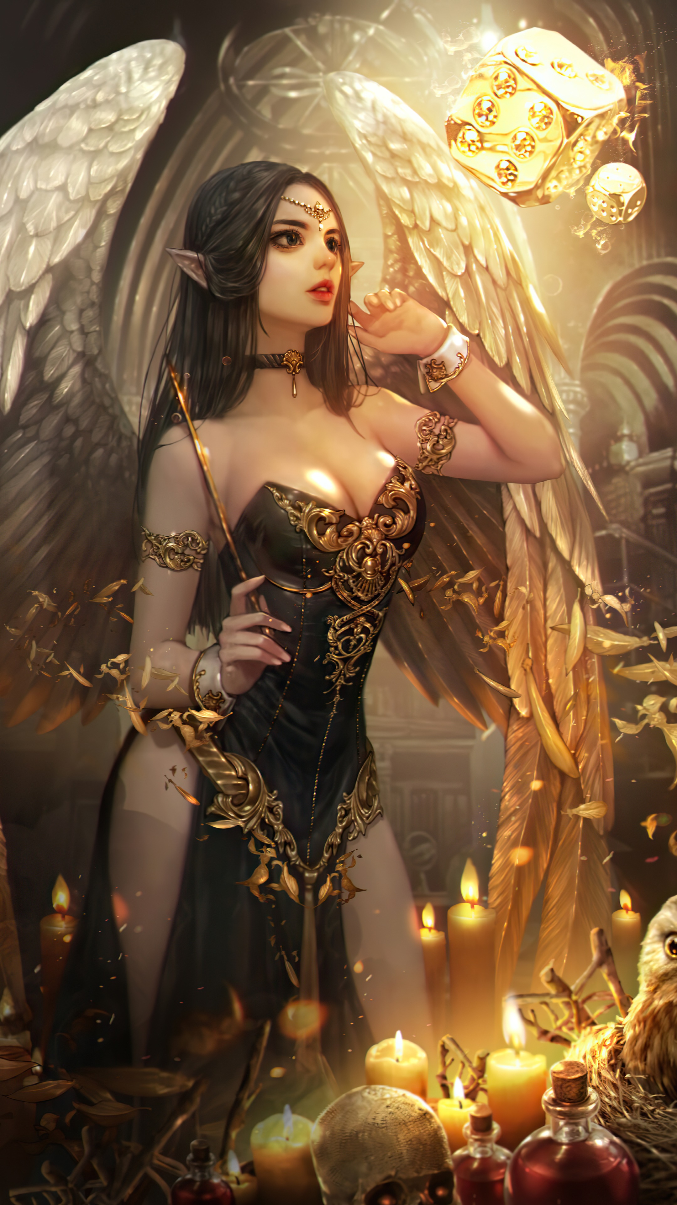 Artwork of an angel with golden wings and dice HD Phone Wallpaper