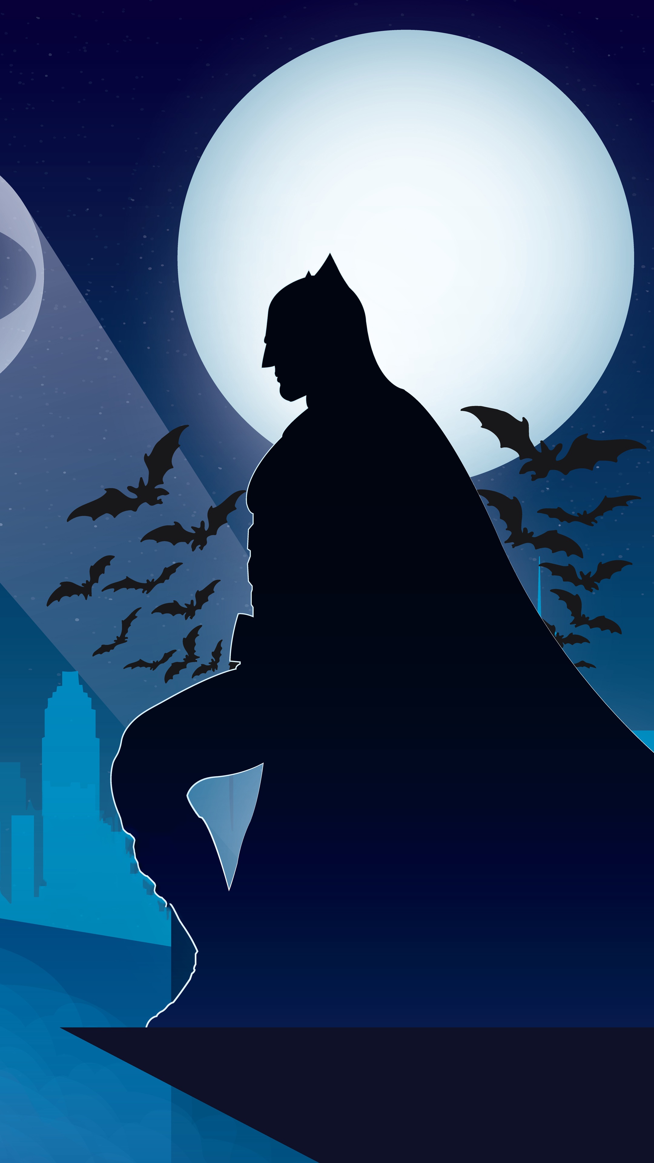 Batman silhouette against a large moon with bats HD Phone Wallpaper