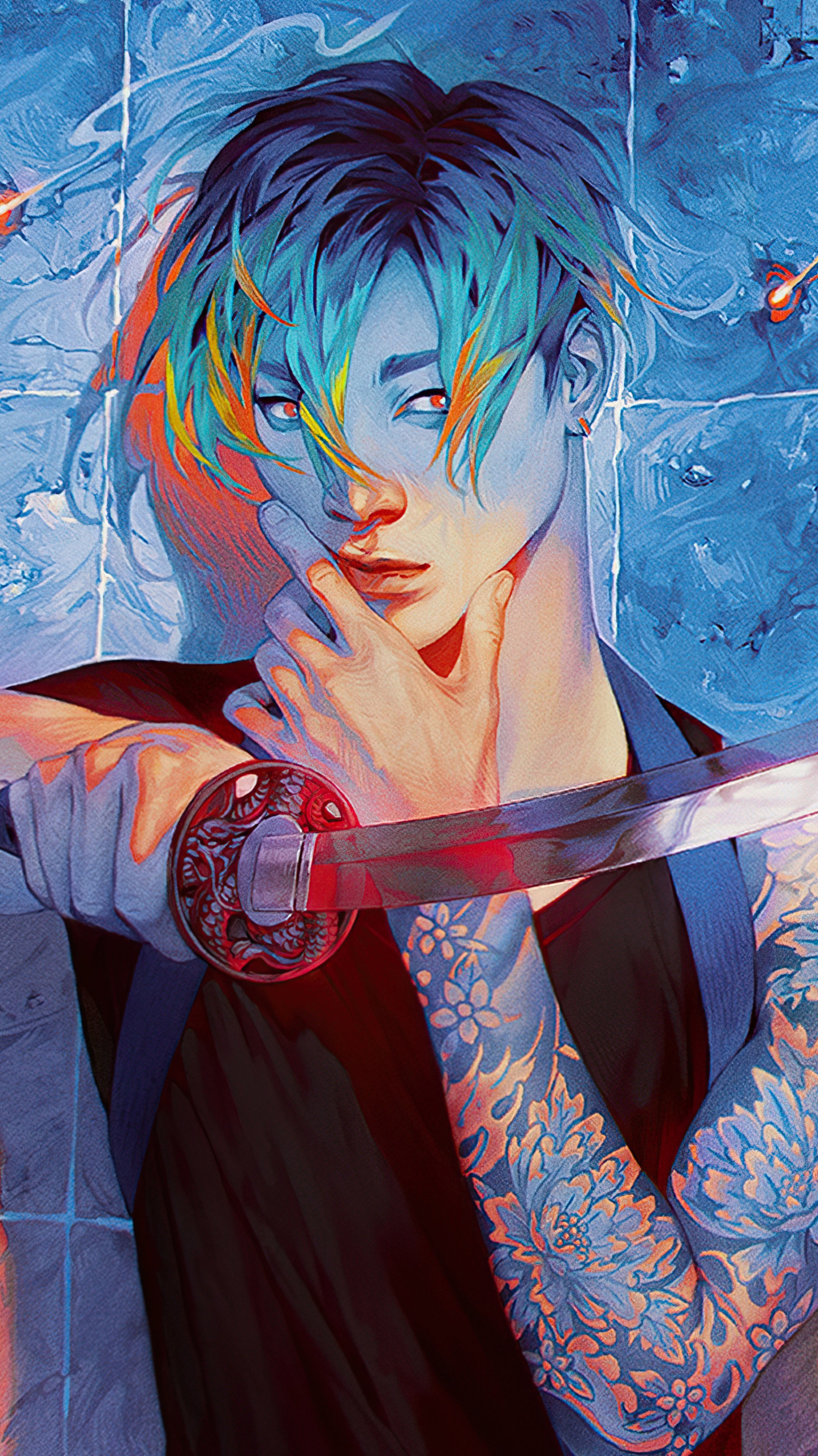 Anime artwork of a person with a sword HD Phone Wallpaper