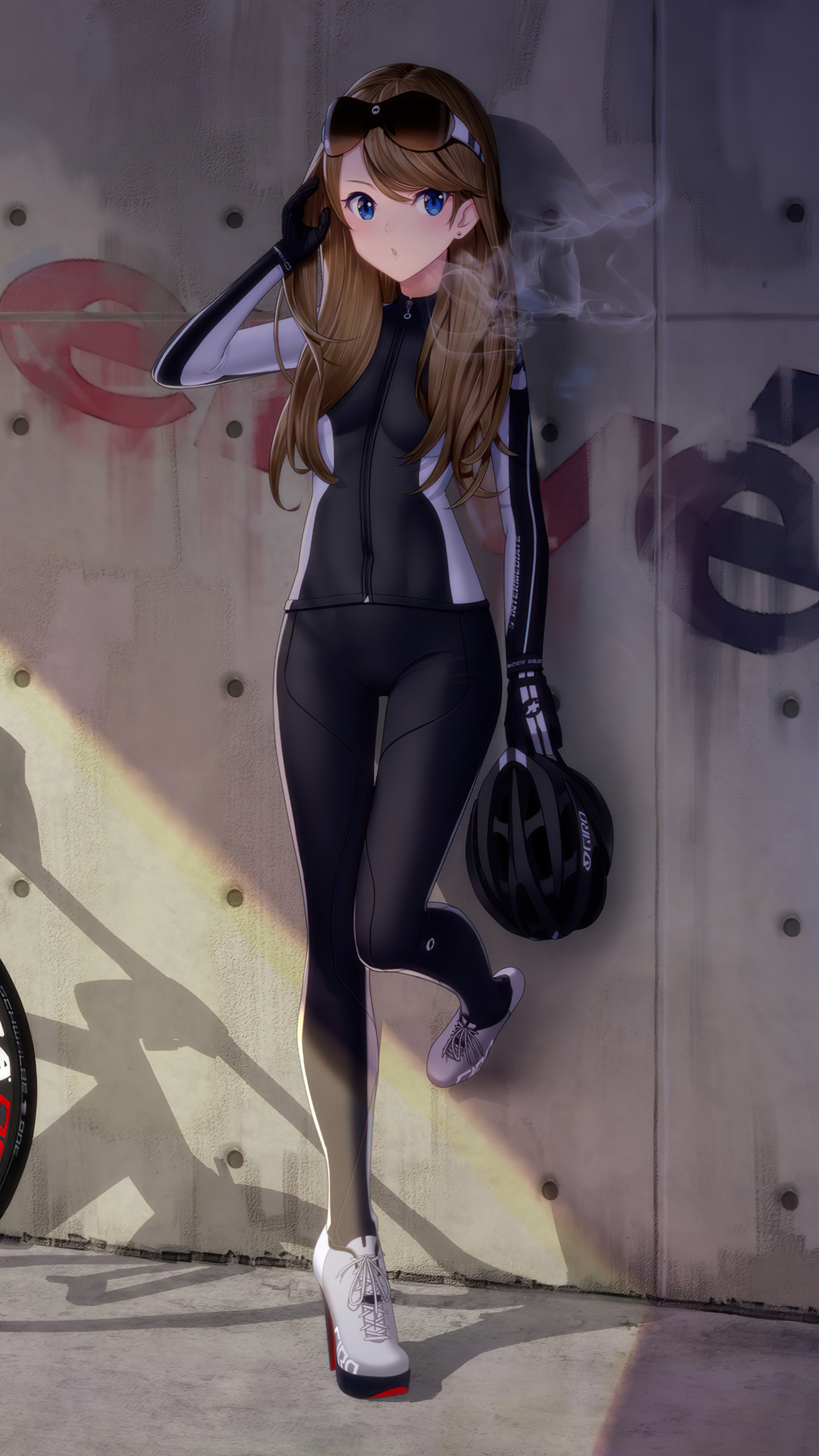 Anime girl in cycling attire with helmet HD Phone Wallpaper