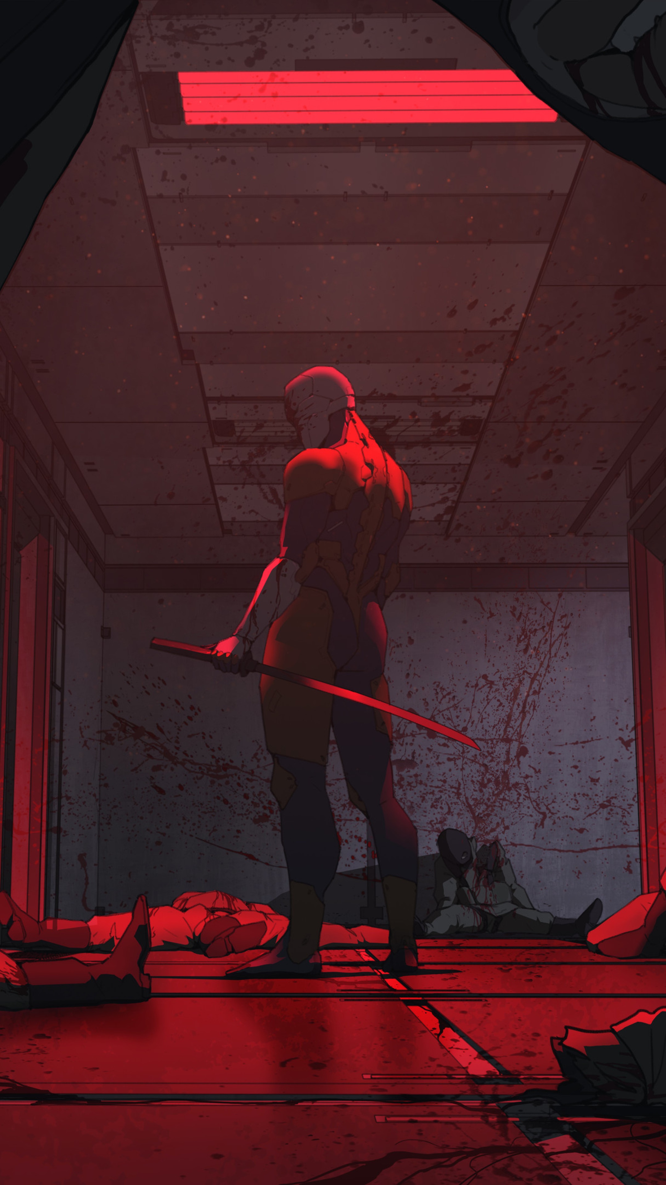 Warrior with sword in bloody room HD Phone Wallpaper