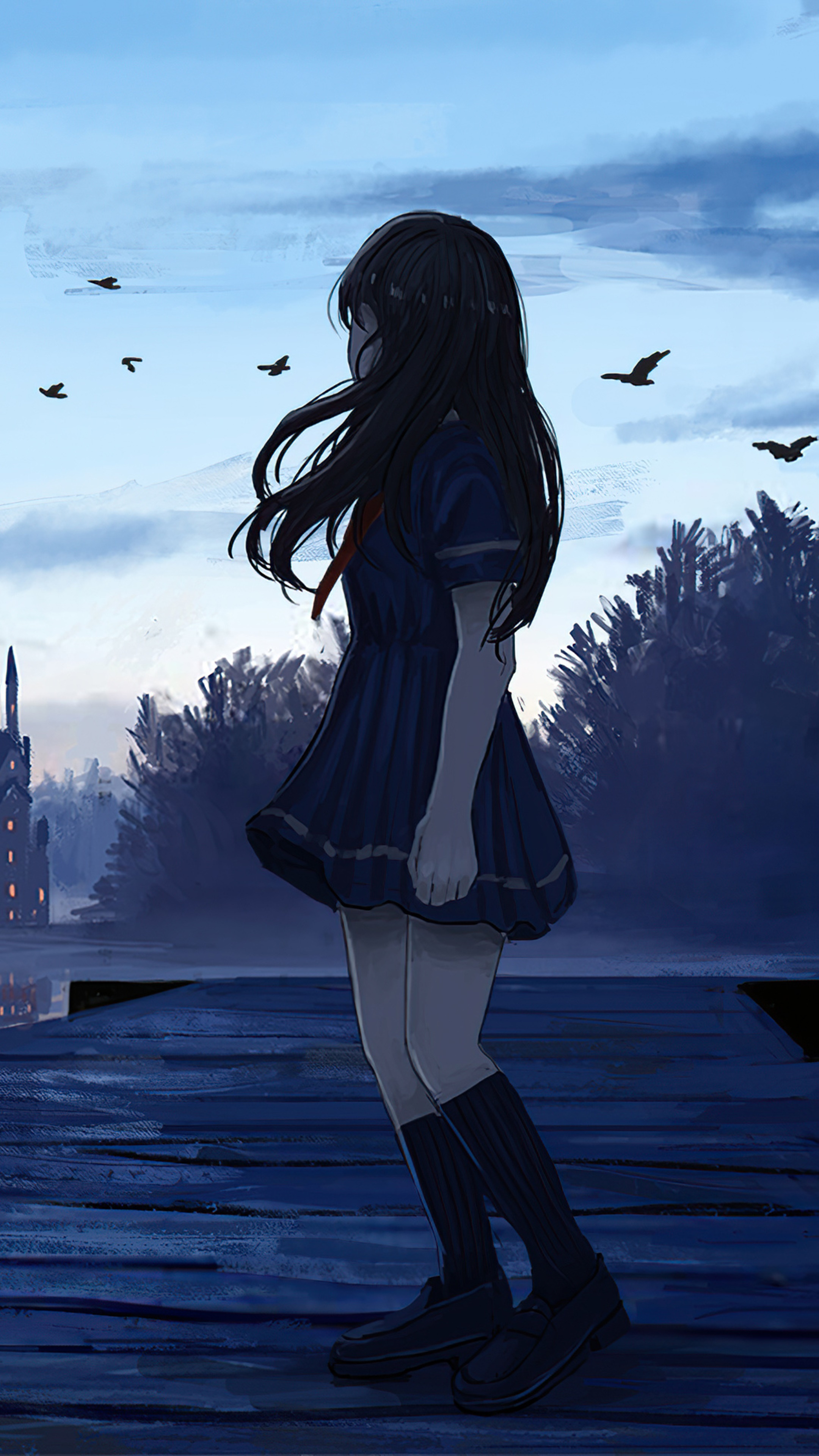 Anime girl in school uniform standing on a dock HD Phone Wallpaper