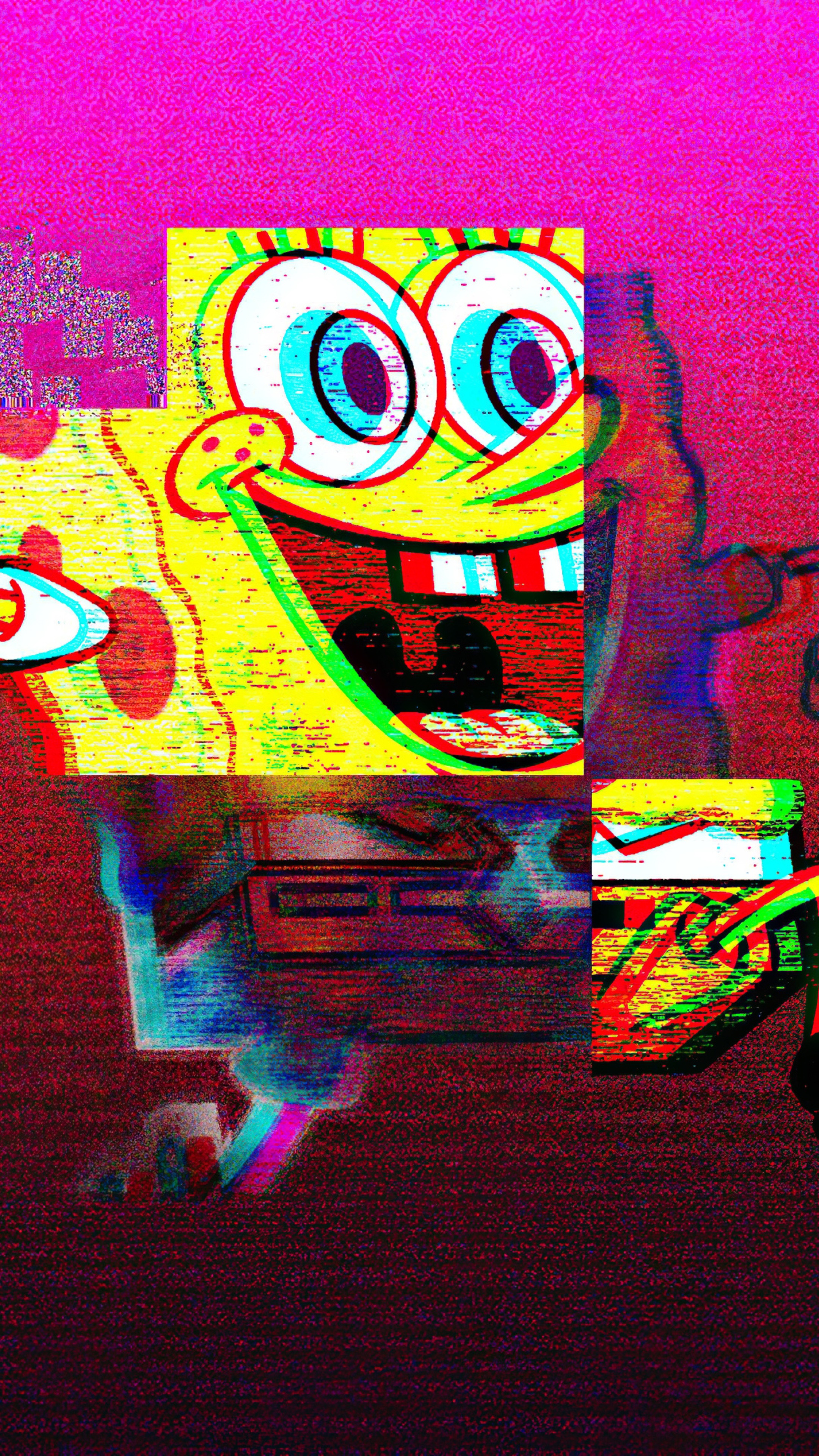 SpongeBob Glitched Vaporwave 4K HD Phone Wallpaper