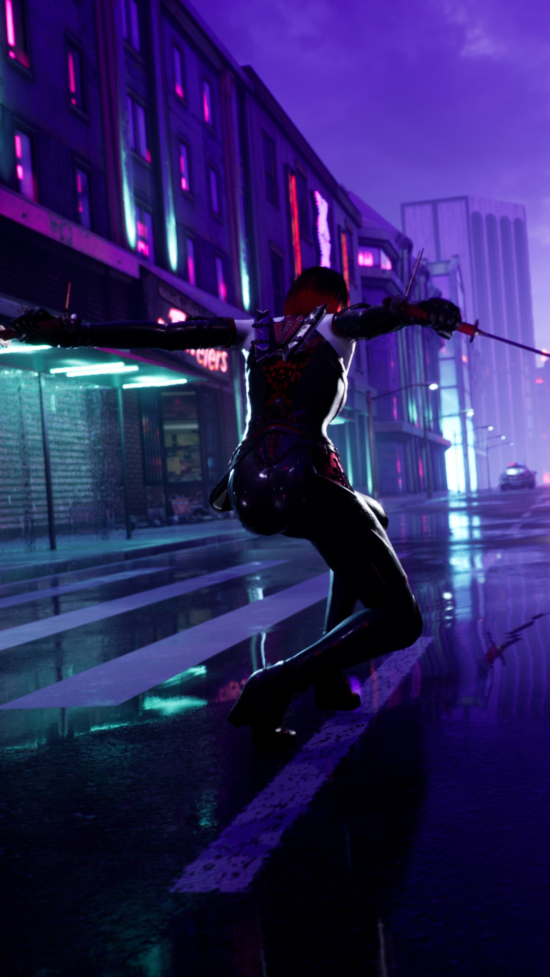 Cyberpunk character with swords in neon city HD Phone Wallpaper