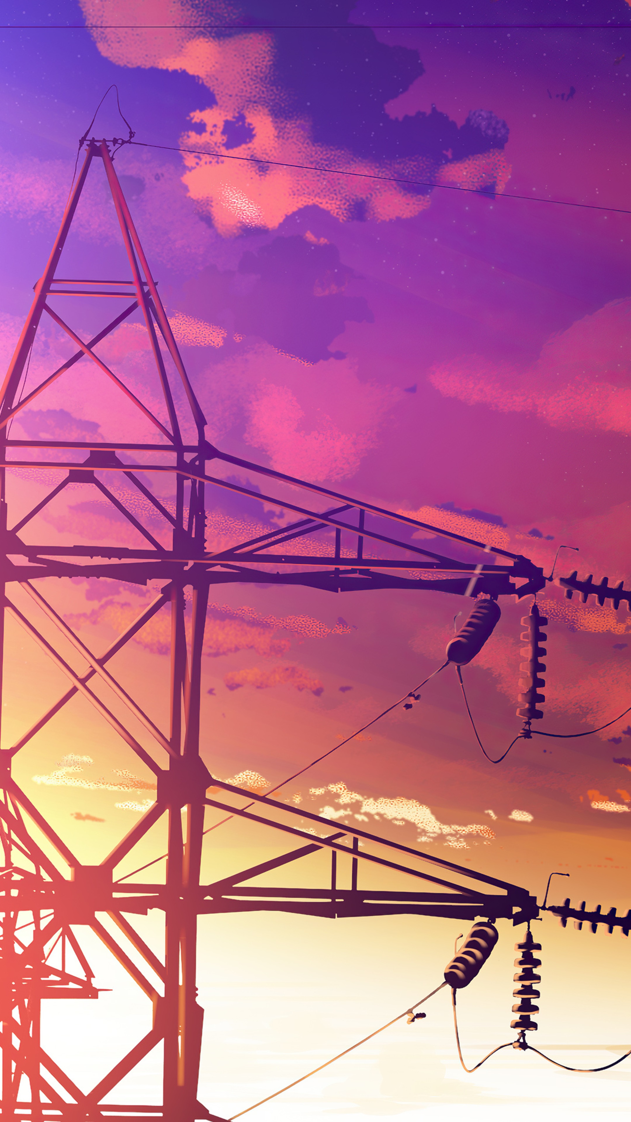 Anime artwork of a power line tower at sunset HD Phone Wallpaper