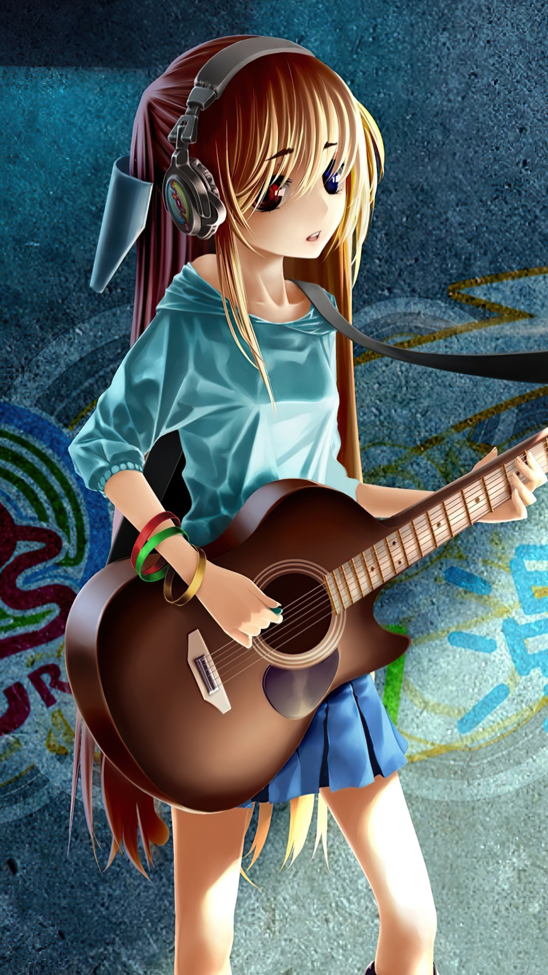 Anime girl with headphones playing guitar HD Phone Wallpaper