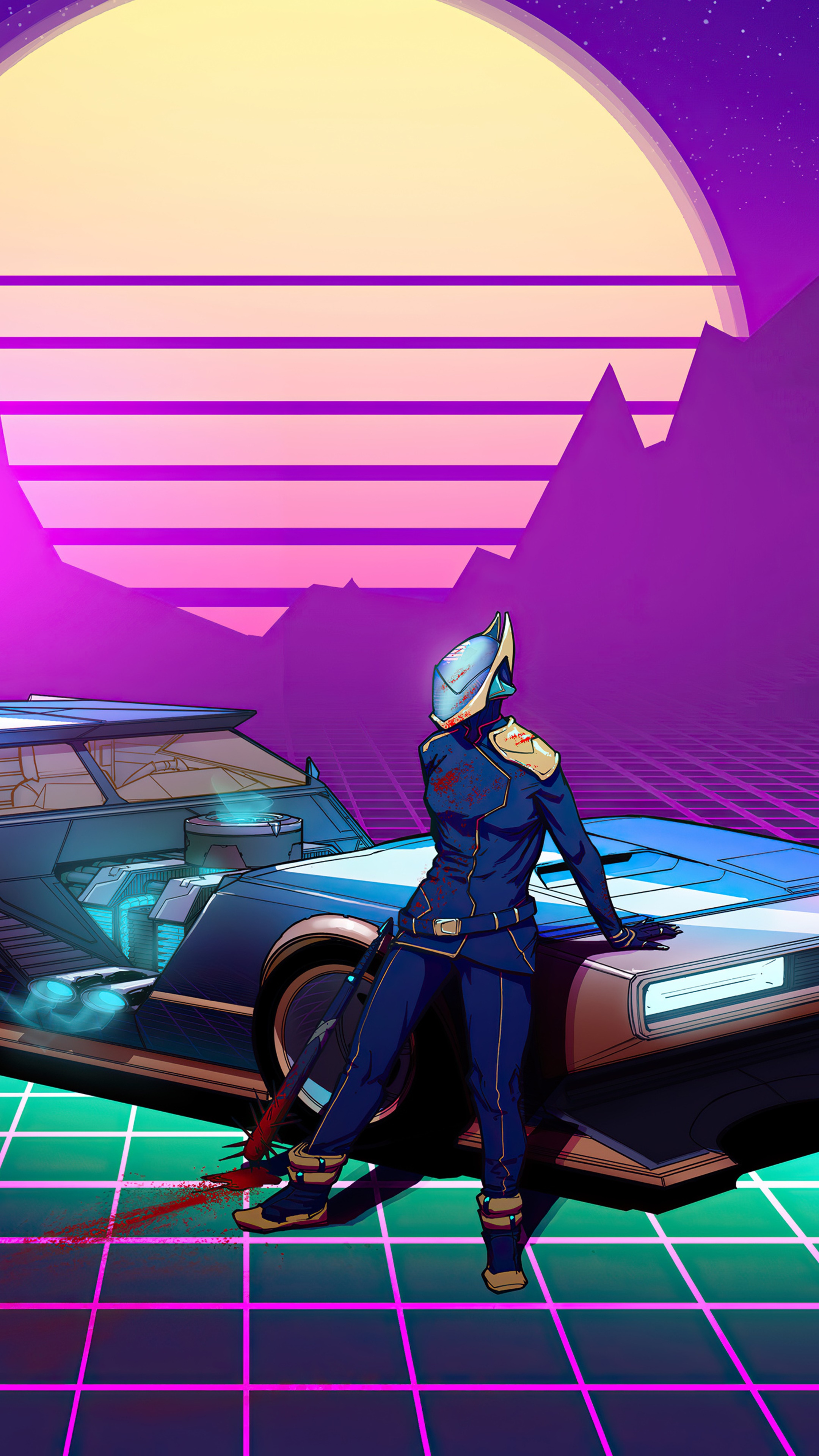 Character in a blue suit leaning on a car with a retrowave background HD Phone Wallpaper