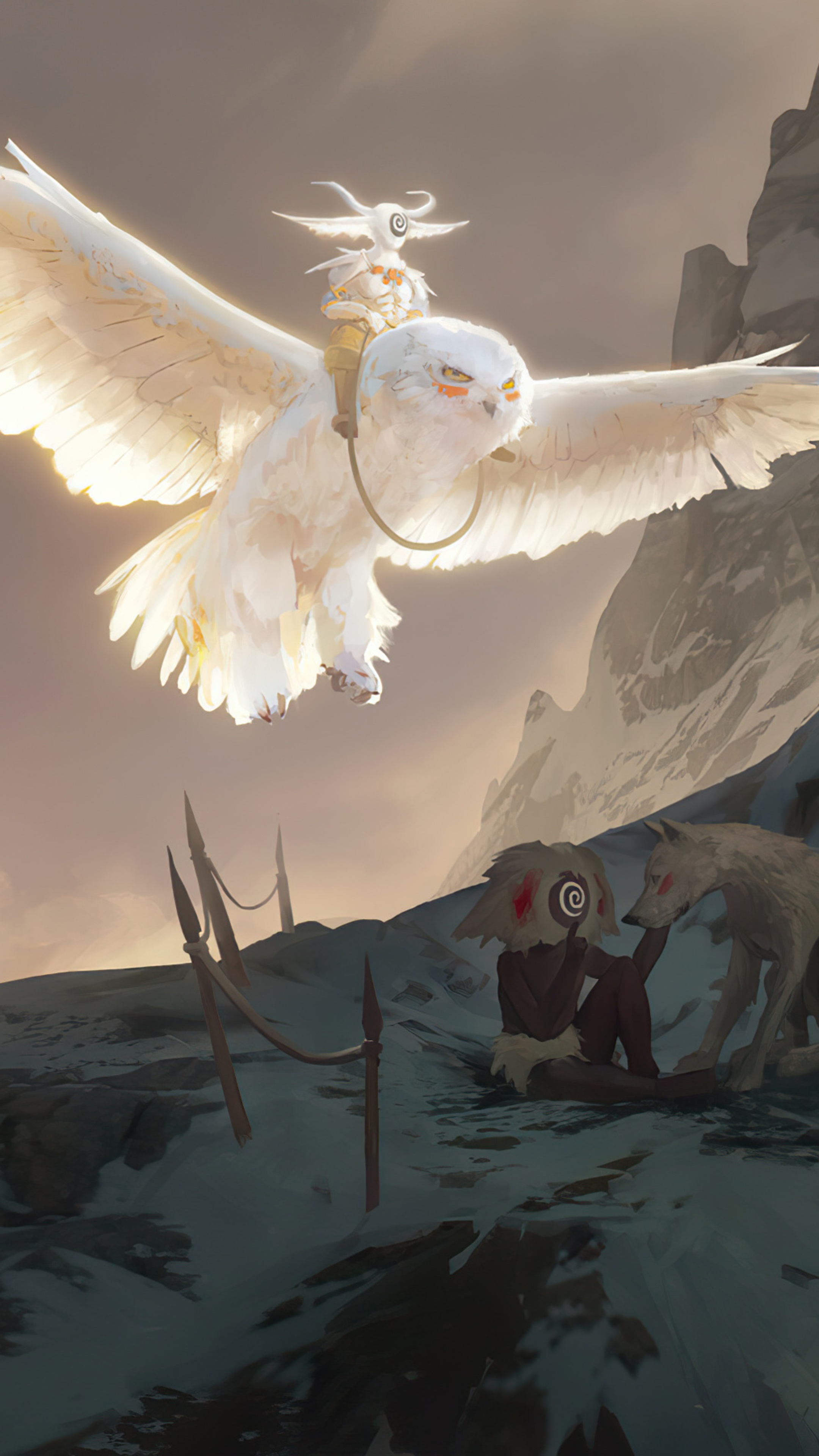 Artwork of a person riding a snowy owl over a snowy landscape HD Phone Wallpaper