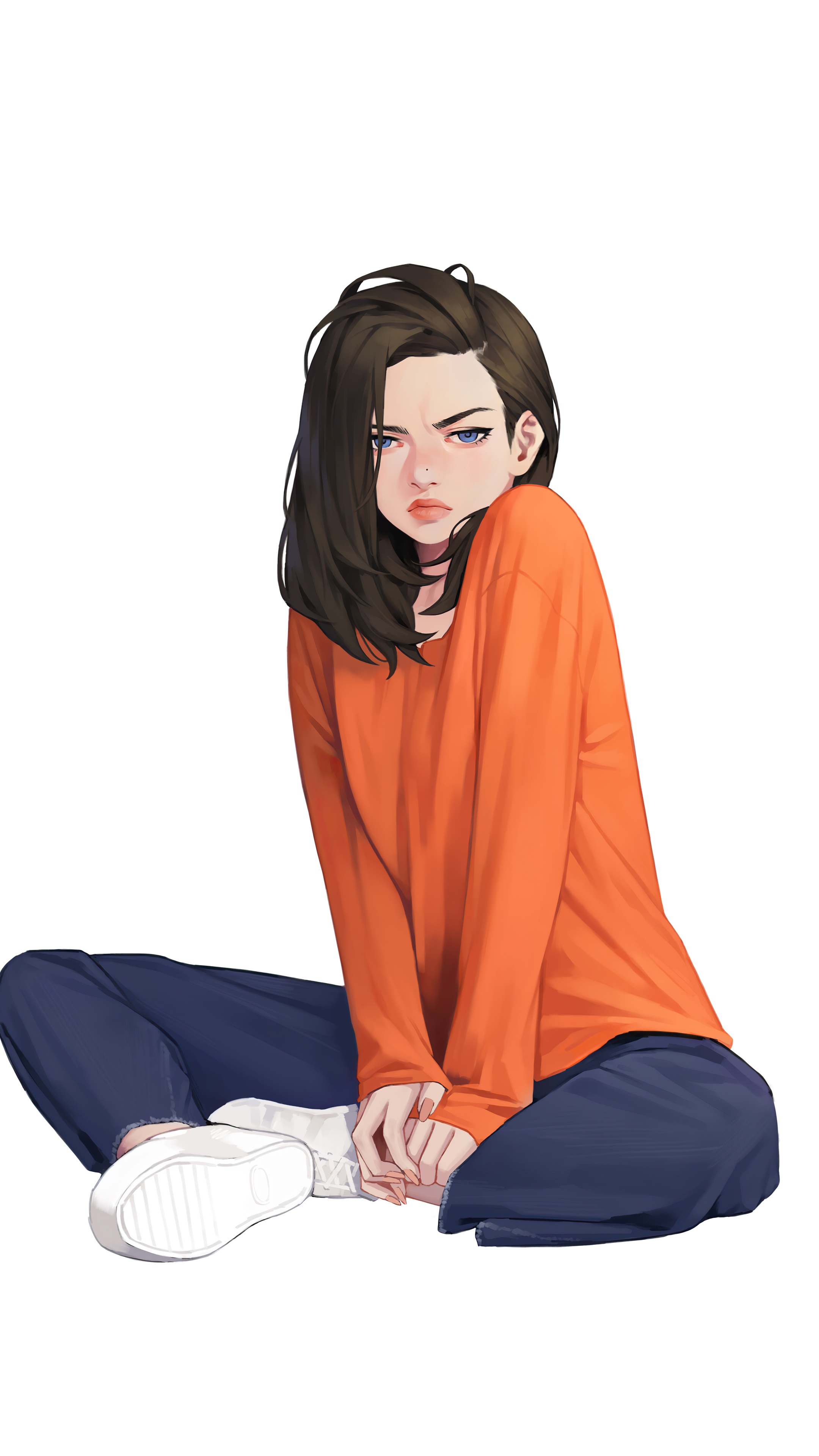 Anime girl with dark hair wearing an orange shirt HD Phone Wallpaper