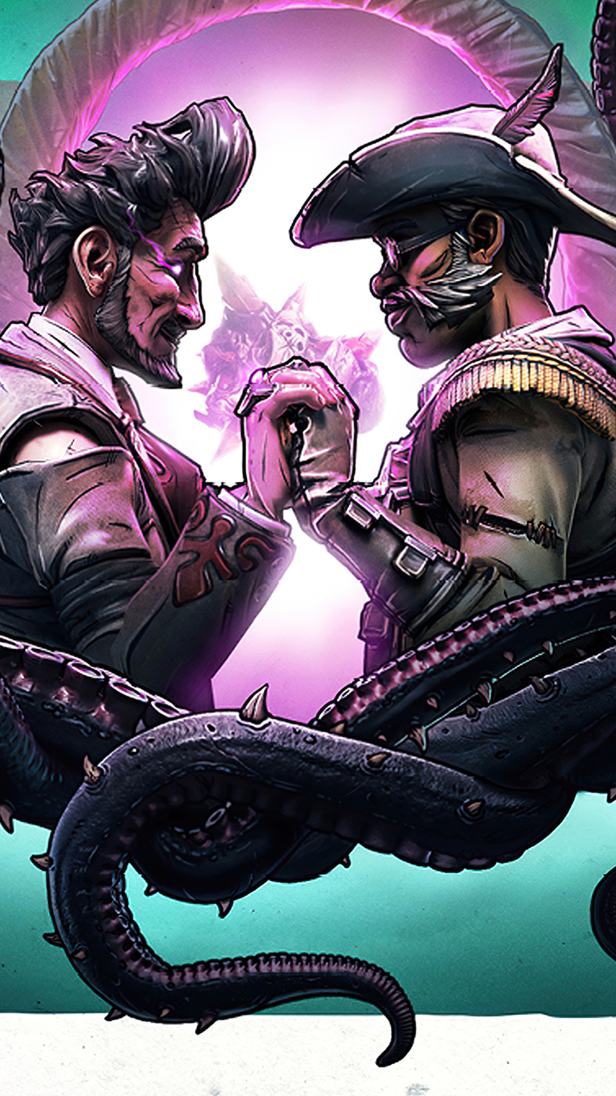 Two men arm wrestling with tentacles in Borderlands 3 HD Phone Wallpaper