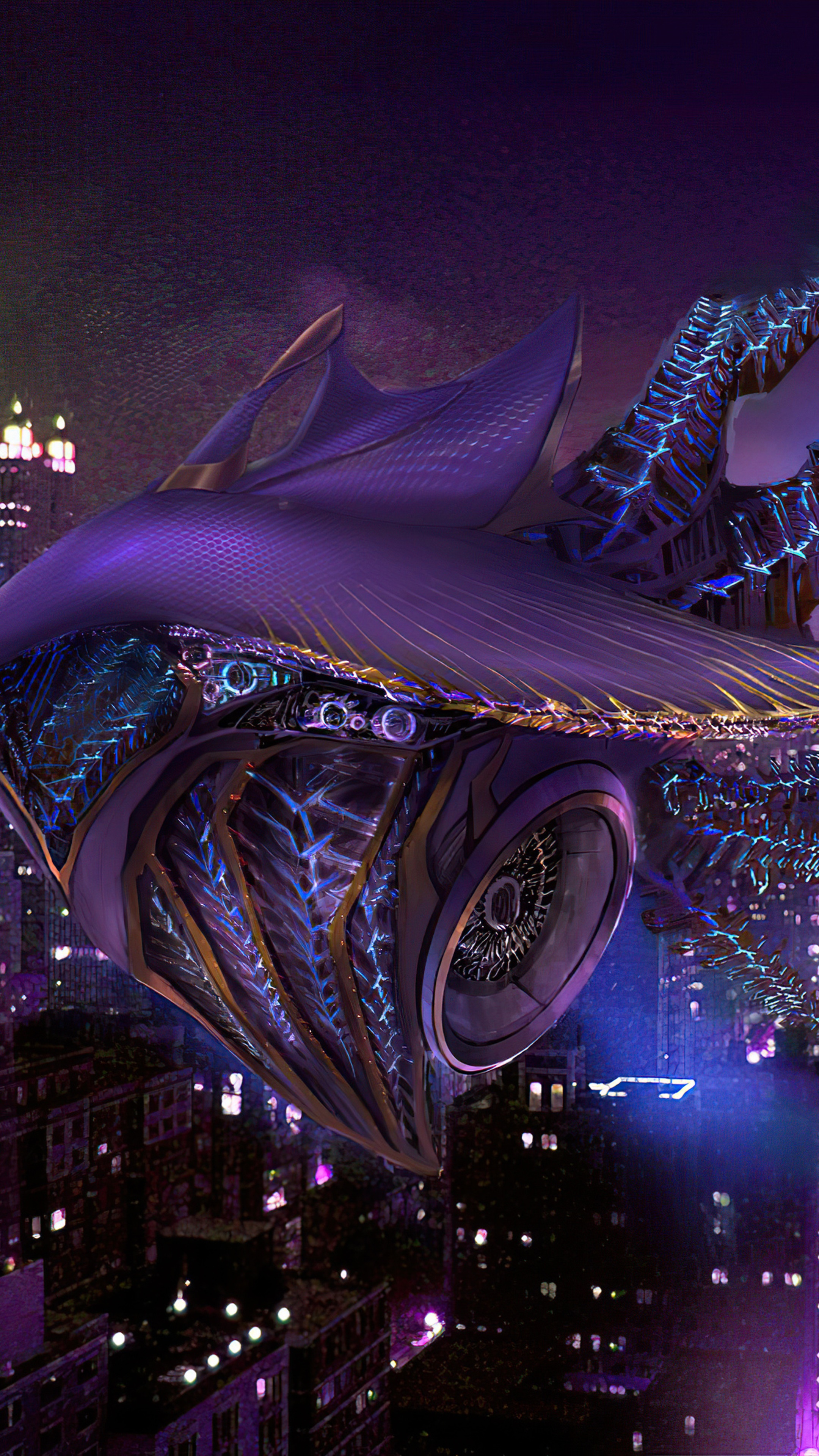 Purple Sci-fi Spaceship Over City HD Phone Wallpaper