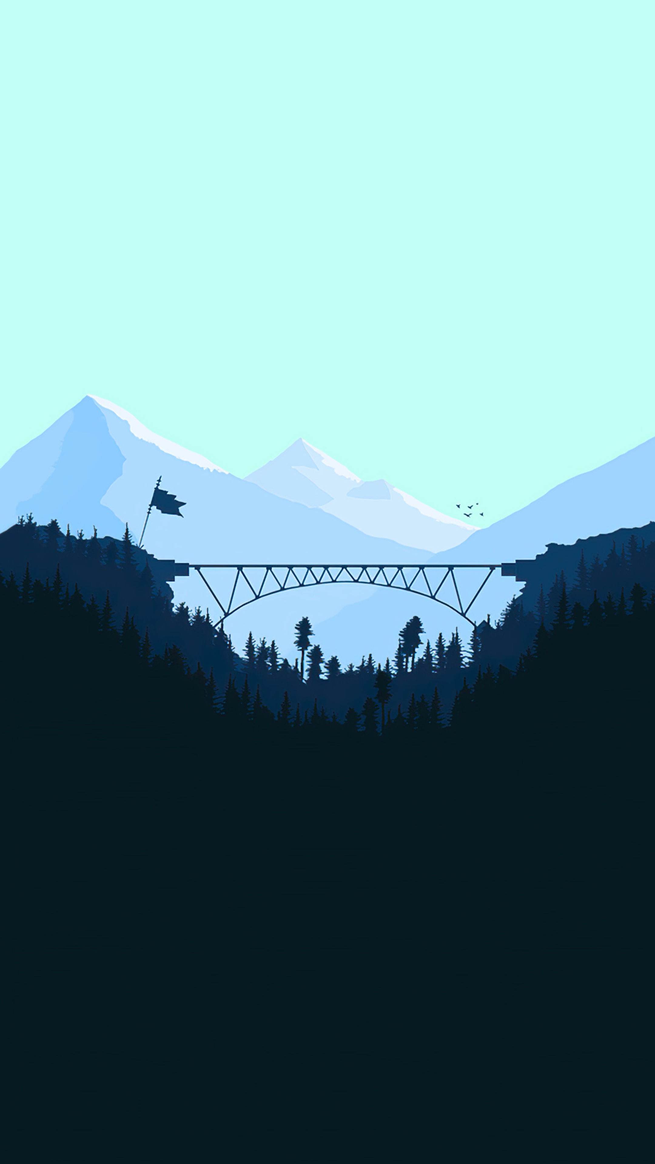 Minimalist bridge over a forest with mountains and flag HD Phone Wallpaper
