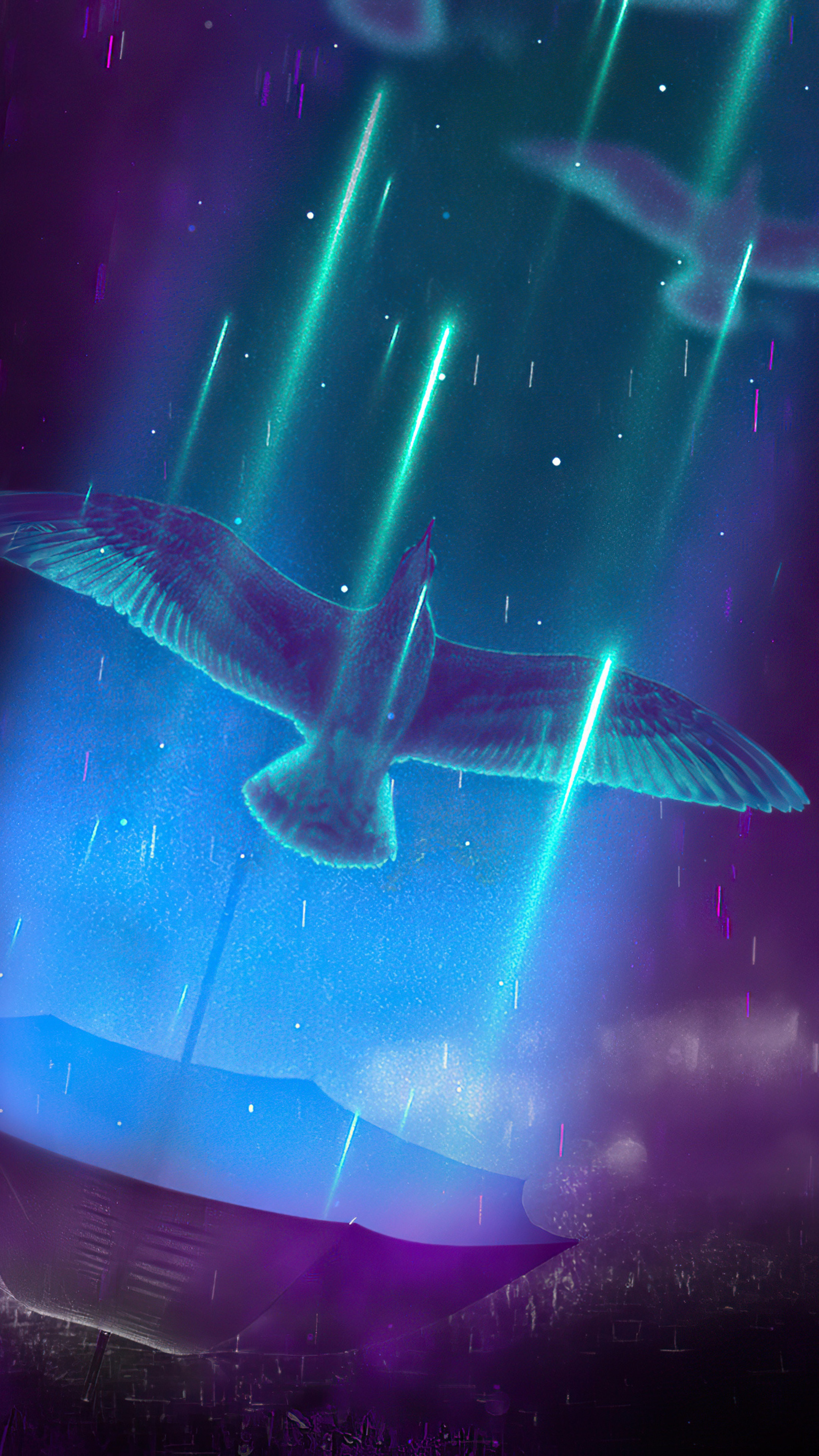 Seagull flying through glowing rain above an umbrella 4K HD Phone Wallpaper