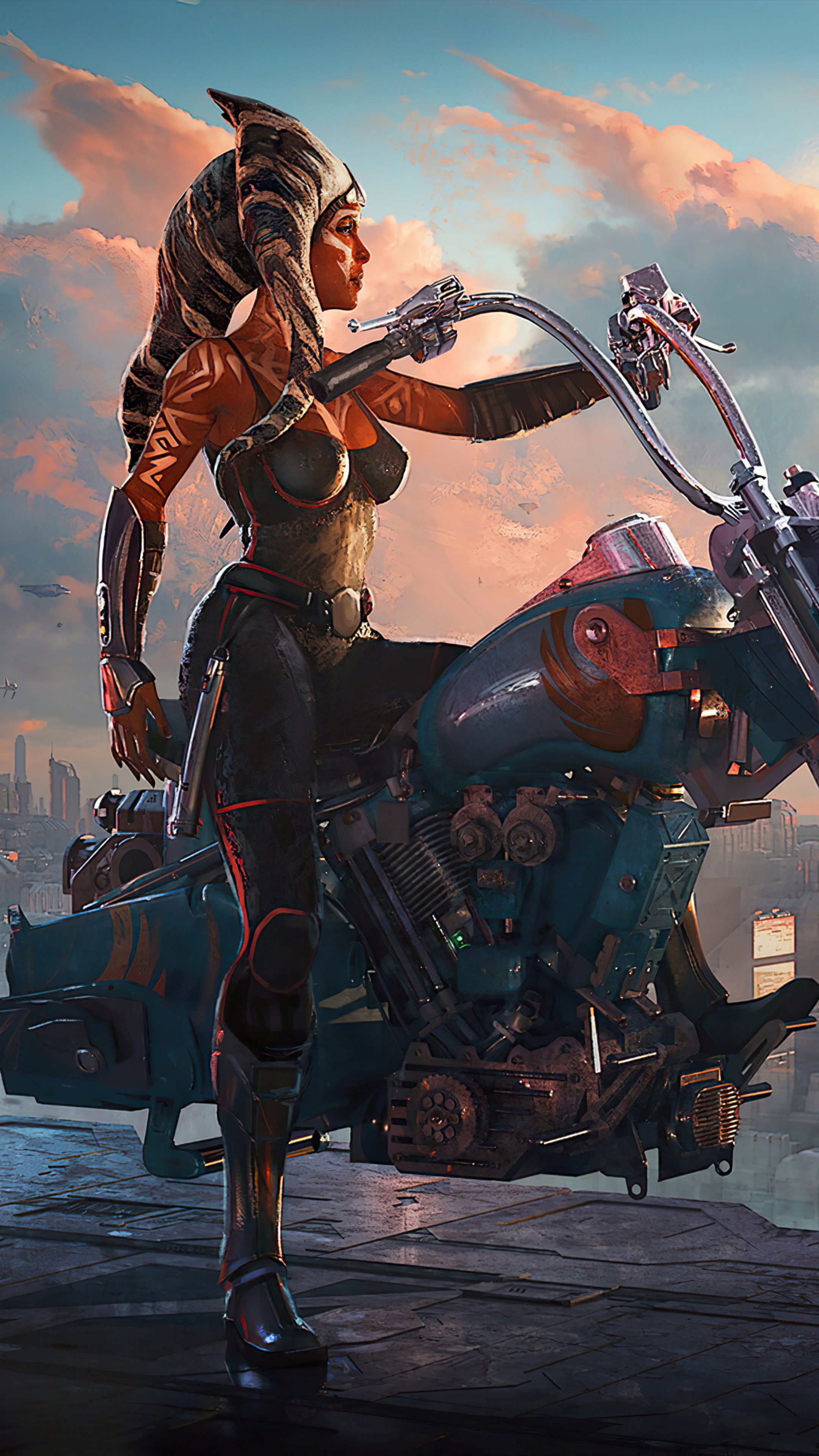 Twi'lek woman on a motorcycle in a city HD Phone Wallpaper