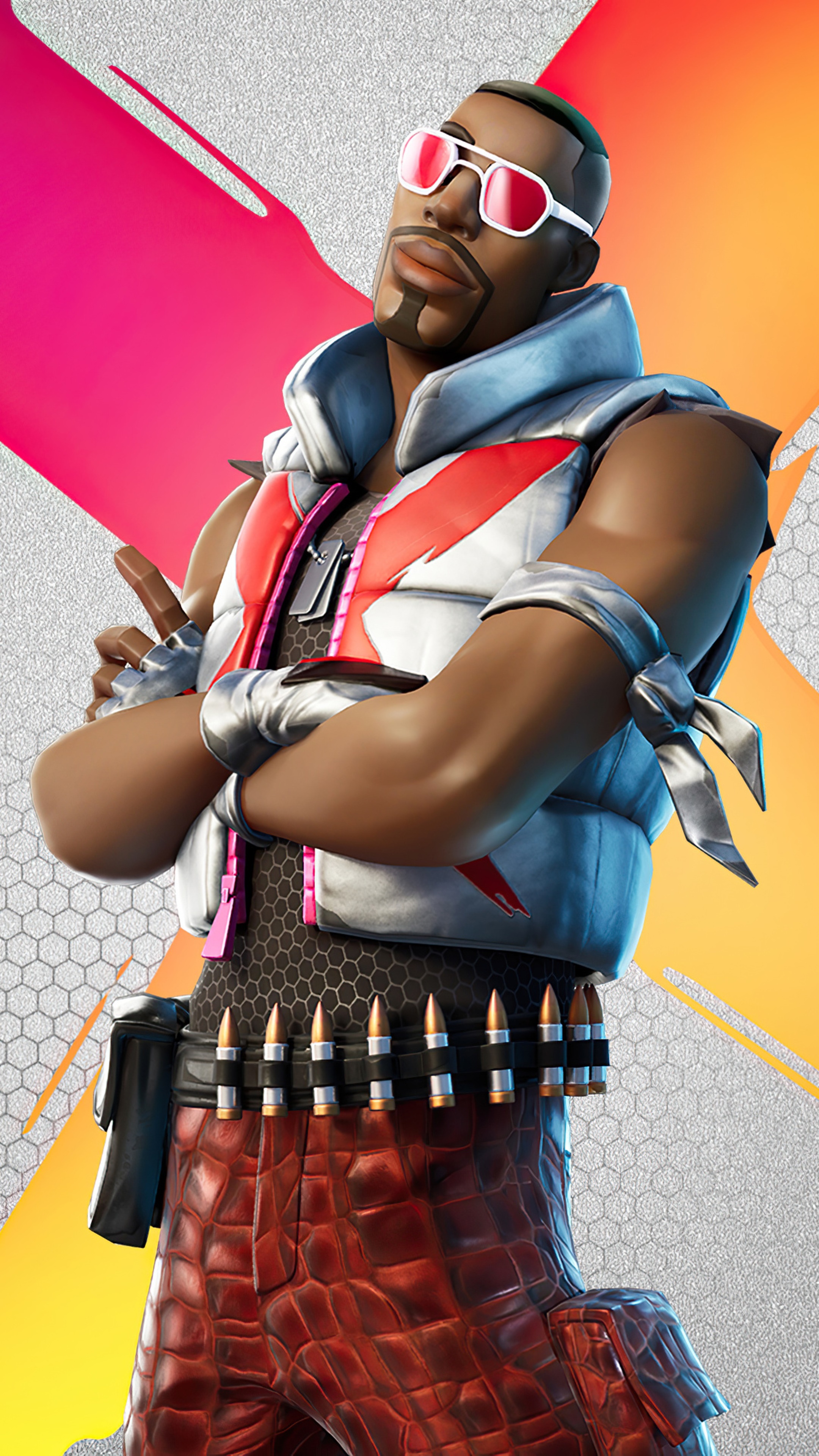 Fortnite character with sunglasses and ammo belt HD Phone Wallpaper