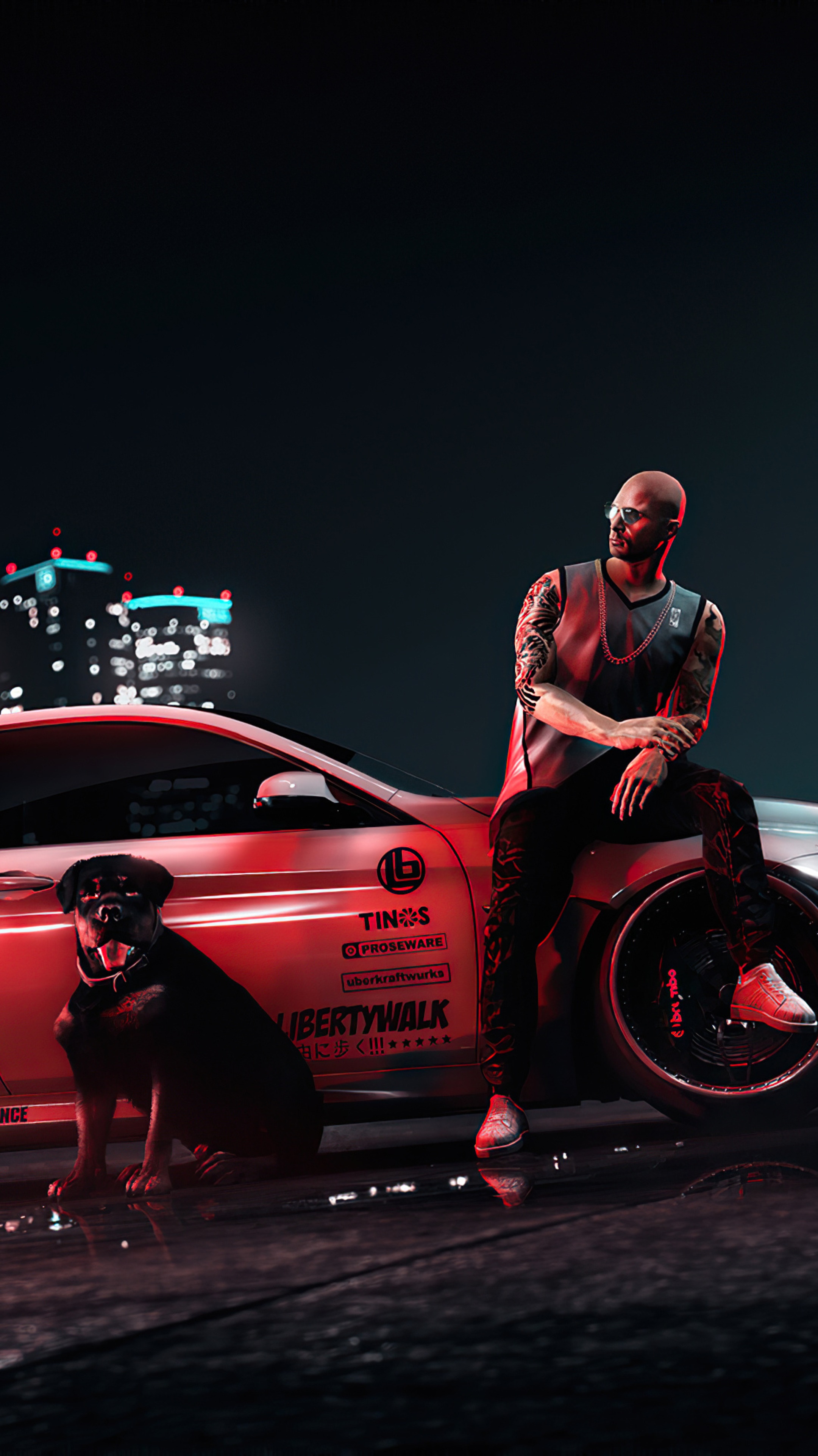 Man and dog with car in city at night HD Phone Wallpaper