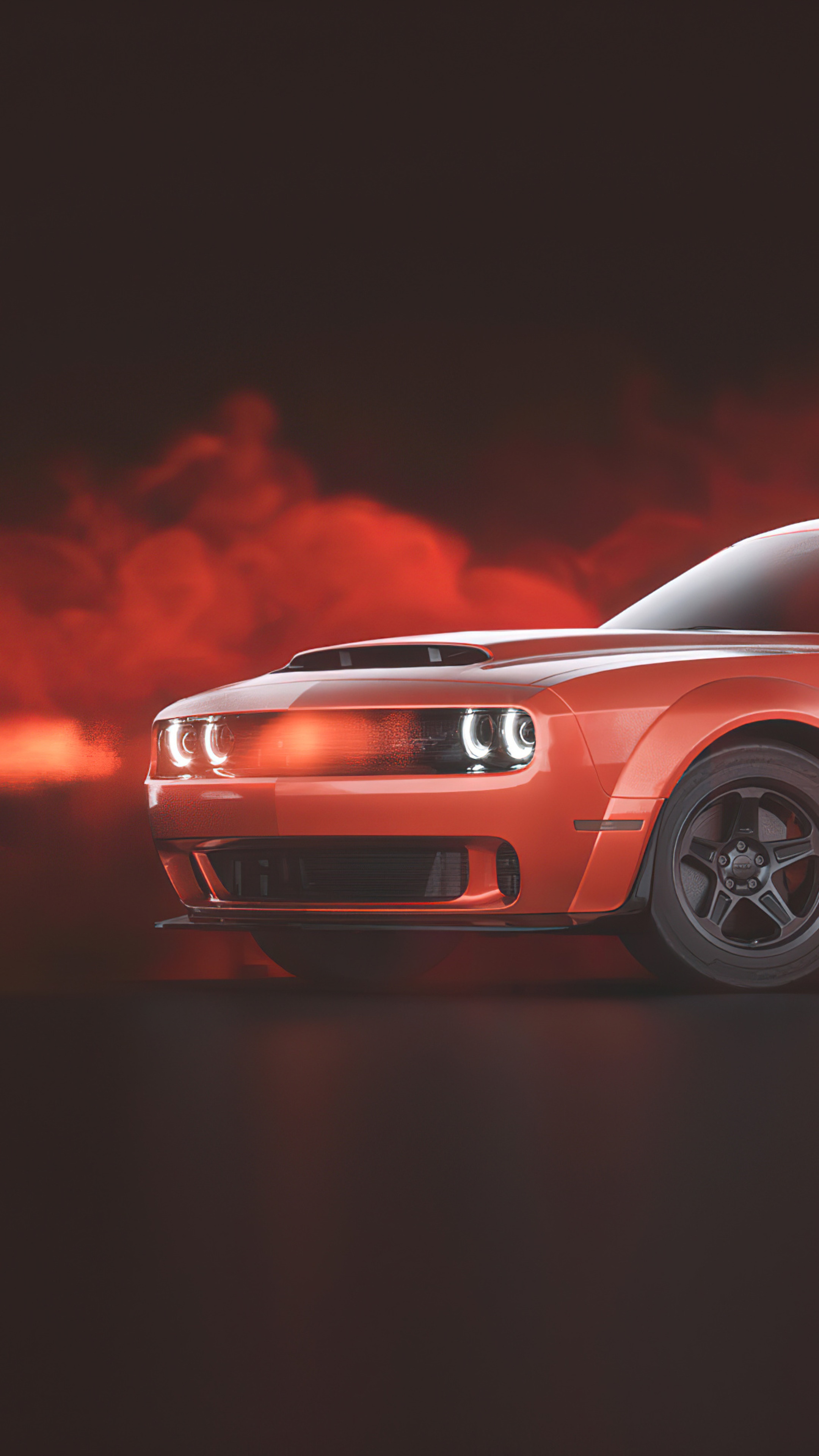 Orange Dodge Challenger with red smoke HD Phone Wallpaper