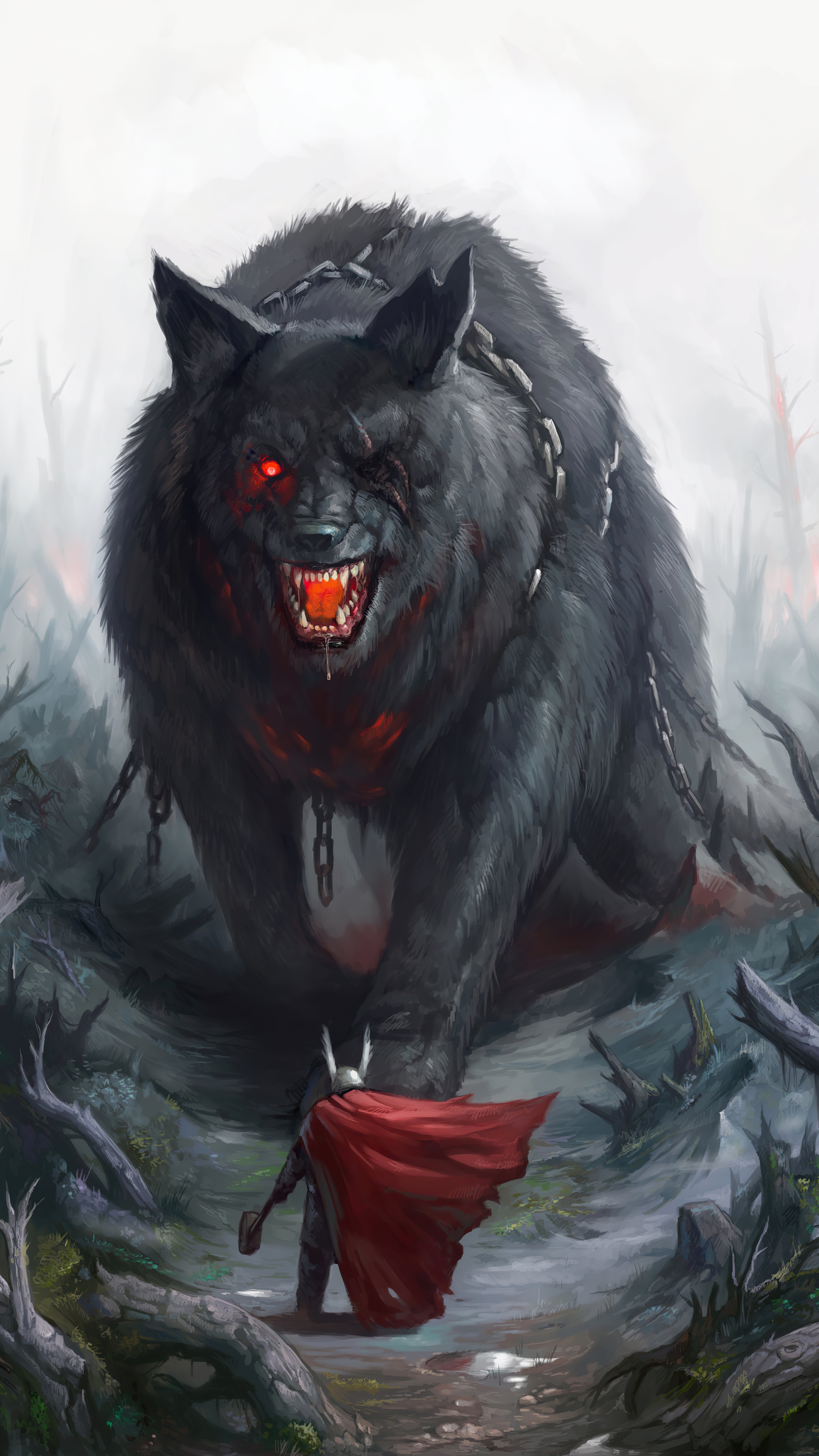 Giant chained wolf with red eyes confronts a warrior HD Phone Wallpaper