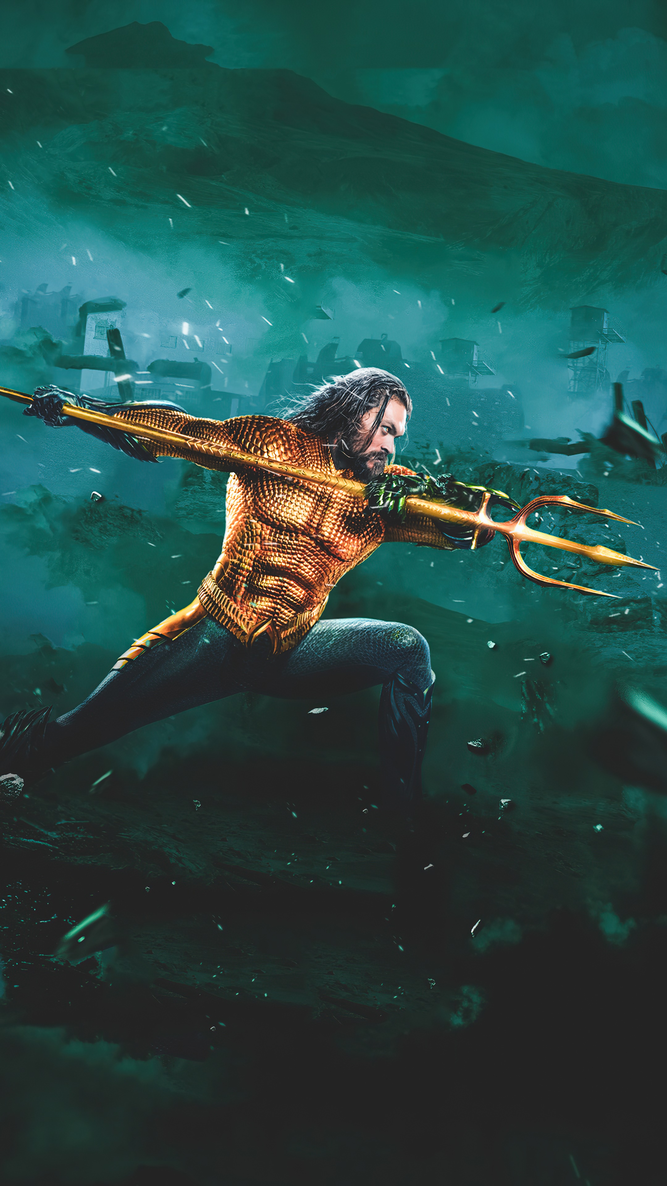 Aquaman with Trident in Underwater Battle HD Phone Wallpaper