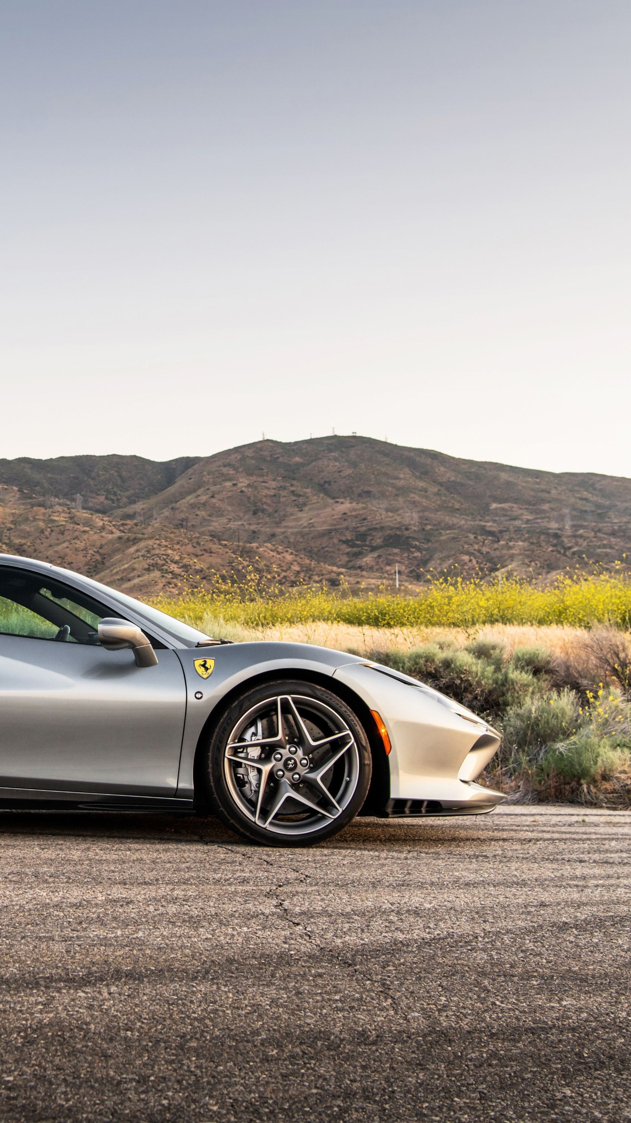 Silver Ferrari F8 Tributo parked on a road HD Phone Wallpaper