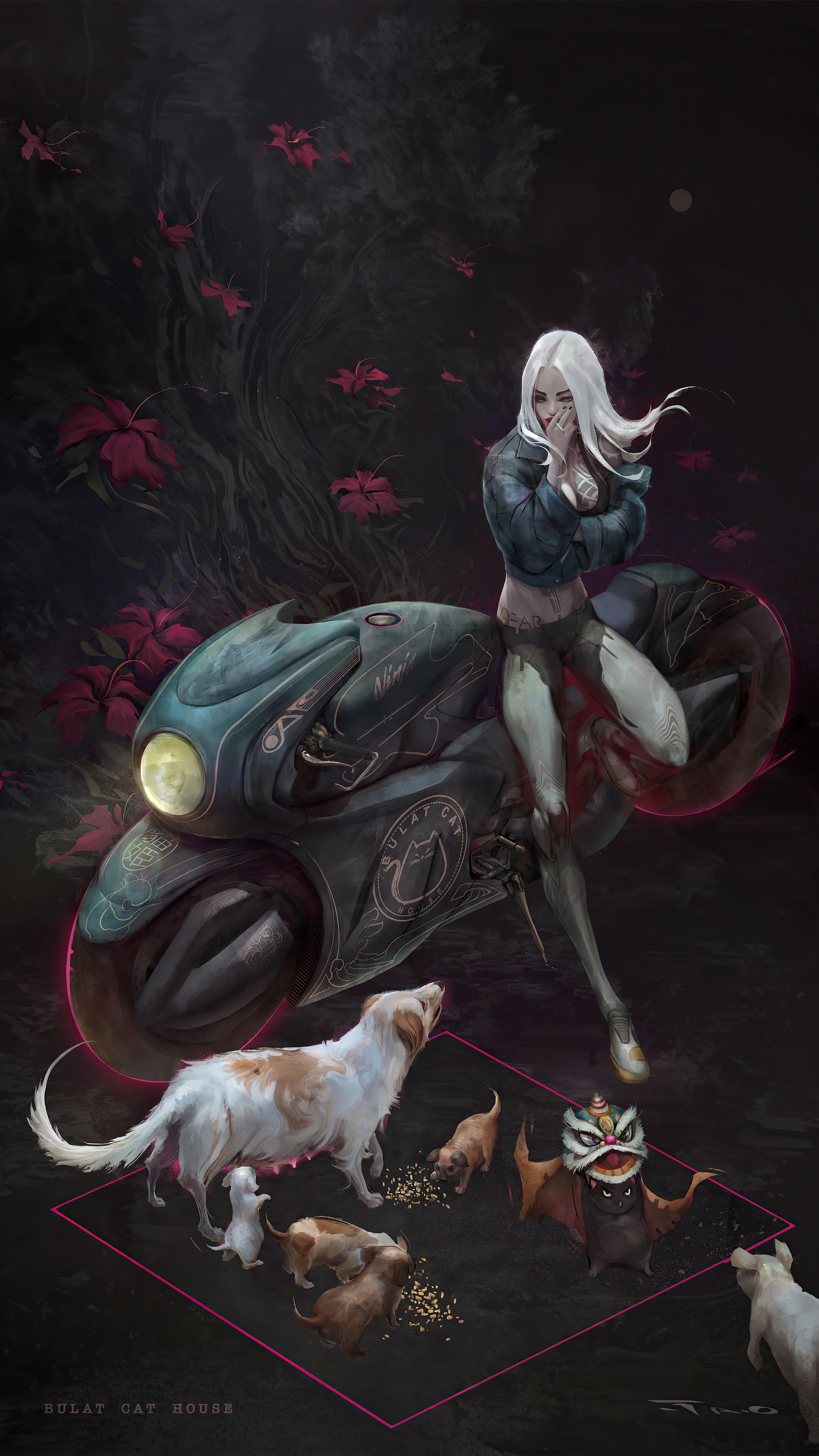 Cyberpunk artwork of a woman on a motorcycle with dogs HD Phone Wallpaper