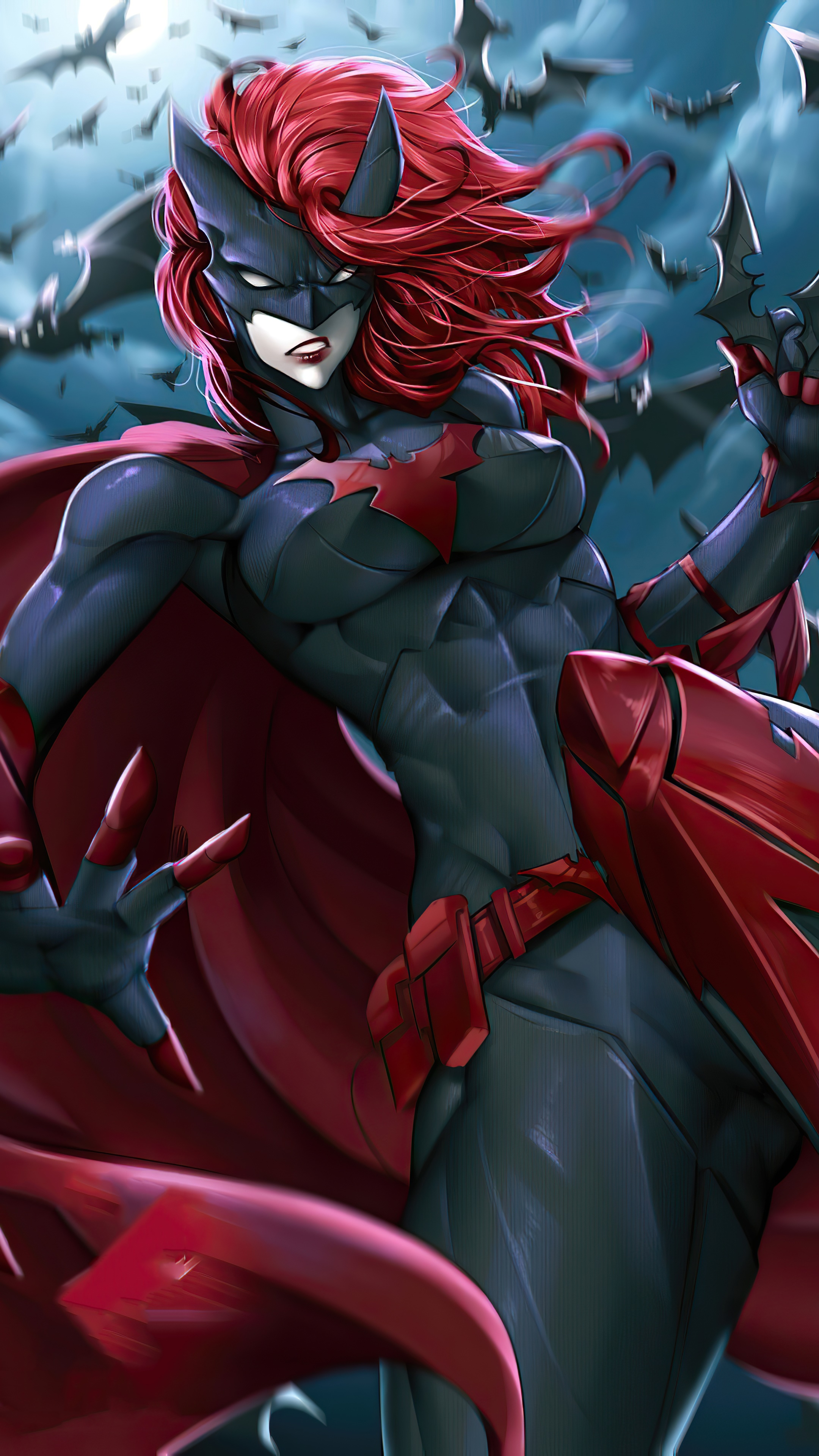 Batwoman artwork with bats in the background HD Phone Wallpaper
