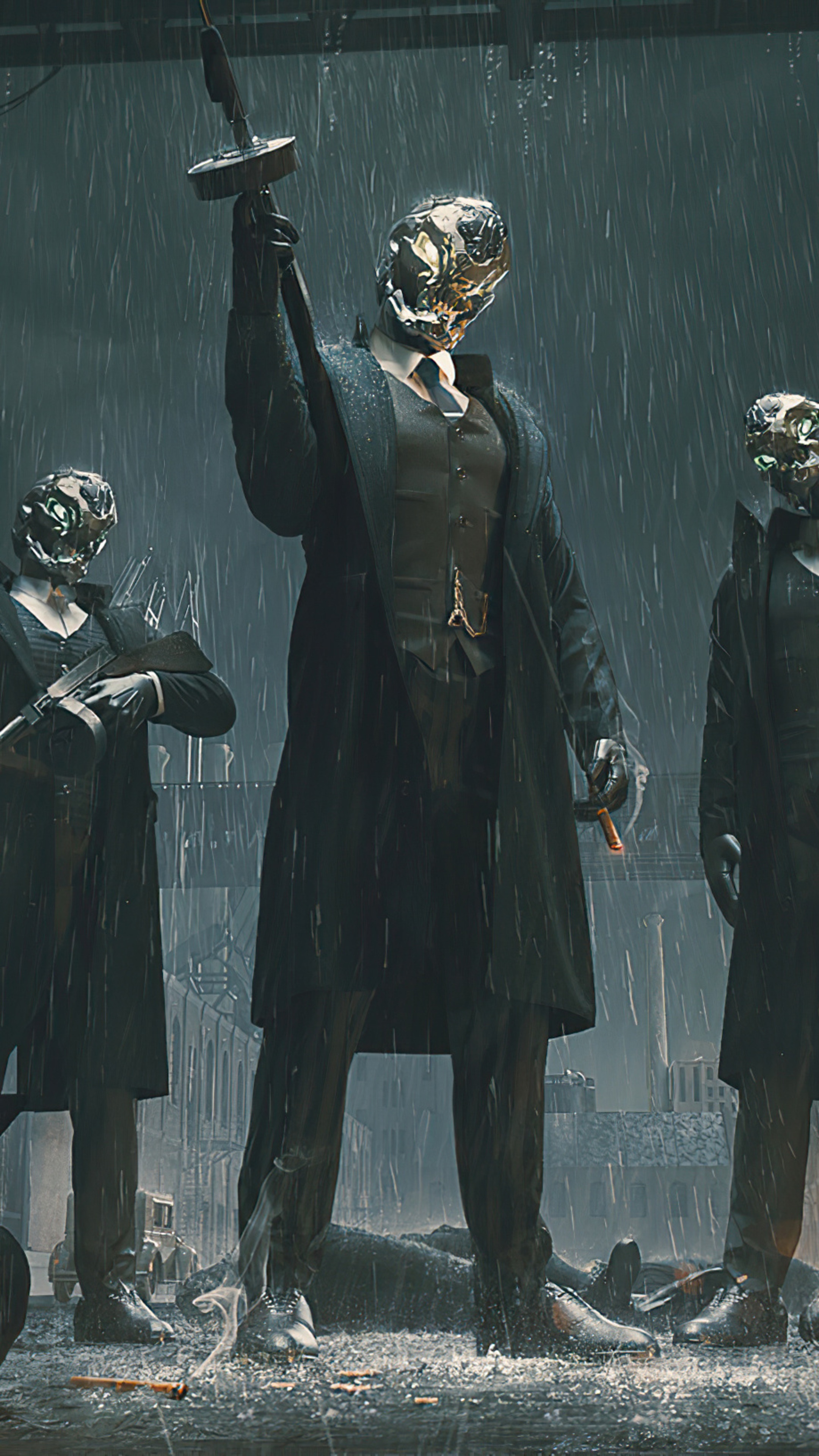 Men in suits with metallic masks in the rain HD Phone Wallpaper
