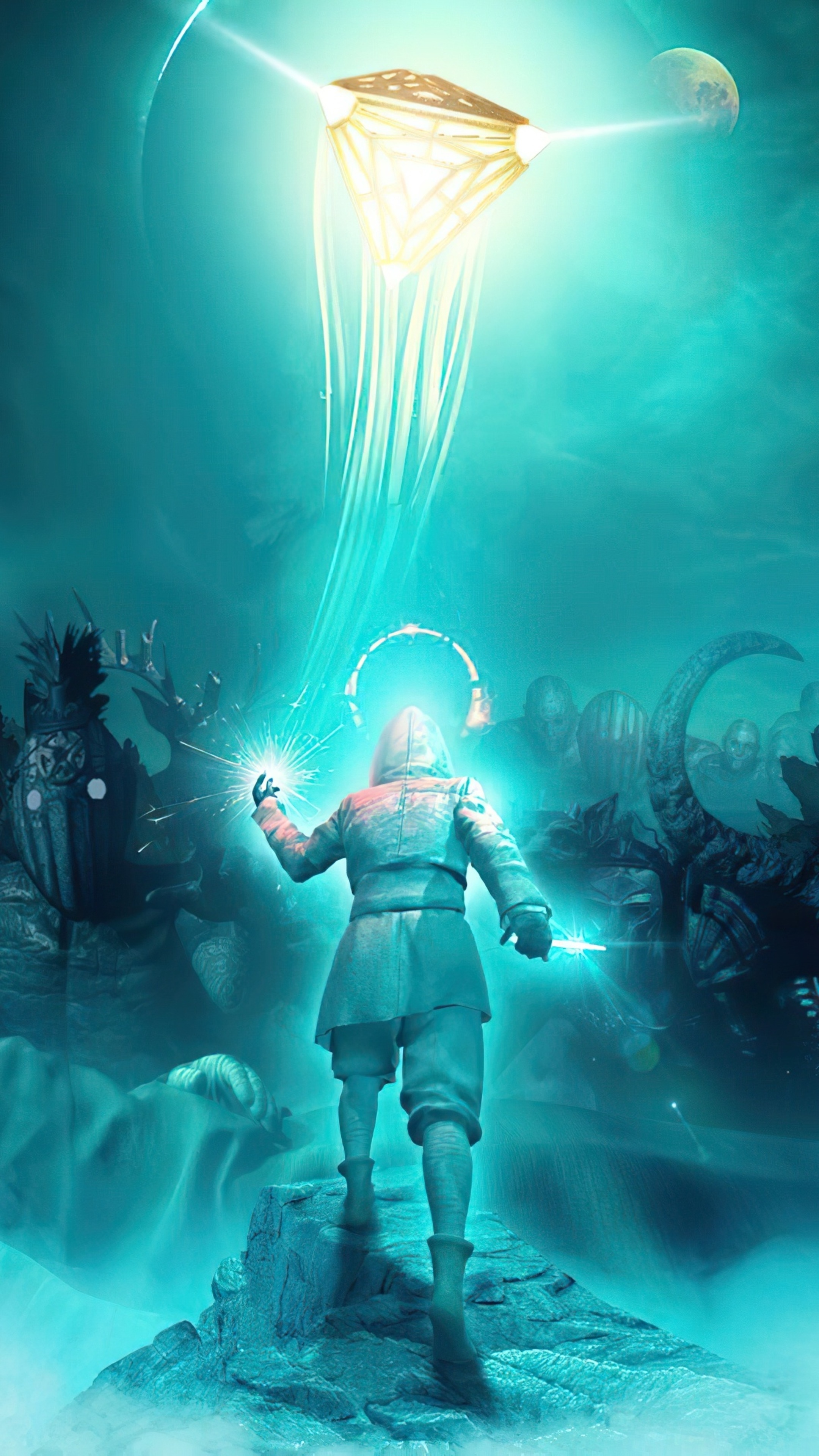 Person interacting with alien artifact in a mystical landscape 4K HD Phone Wallpaper